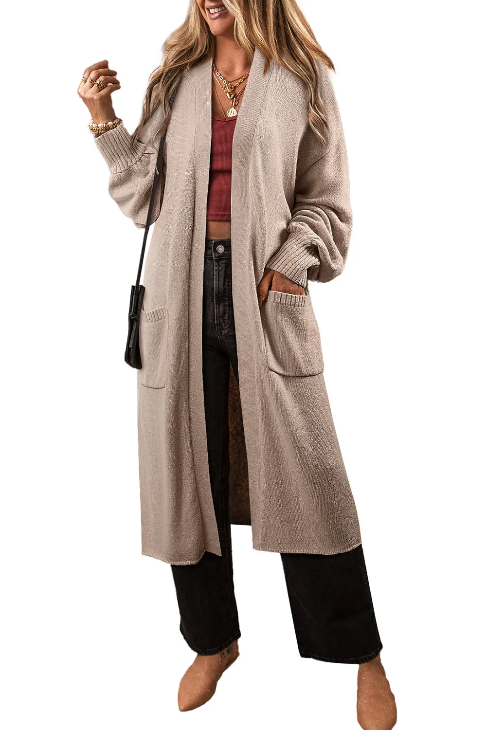 Open Front Long Knitted Cardigan