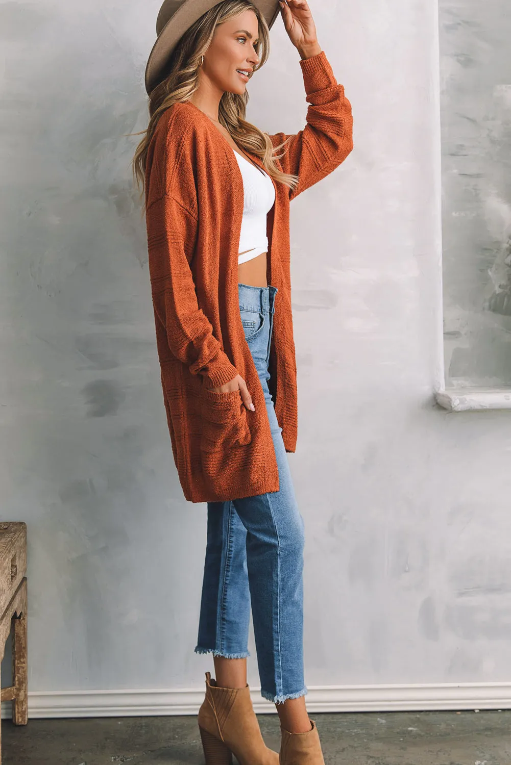 Open Front Textured Cardigan with Pockets