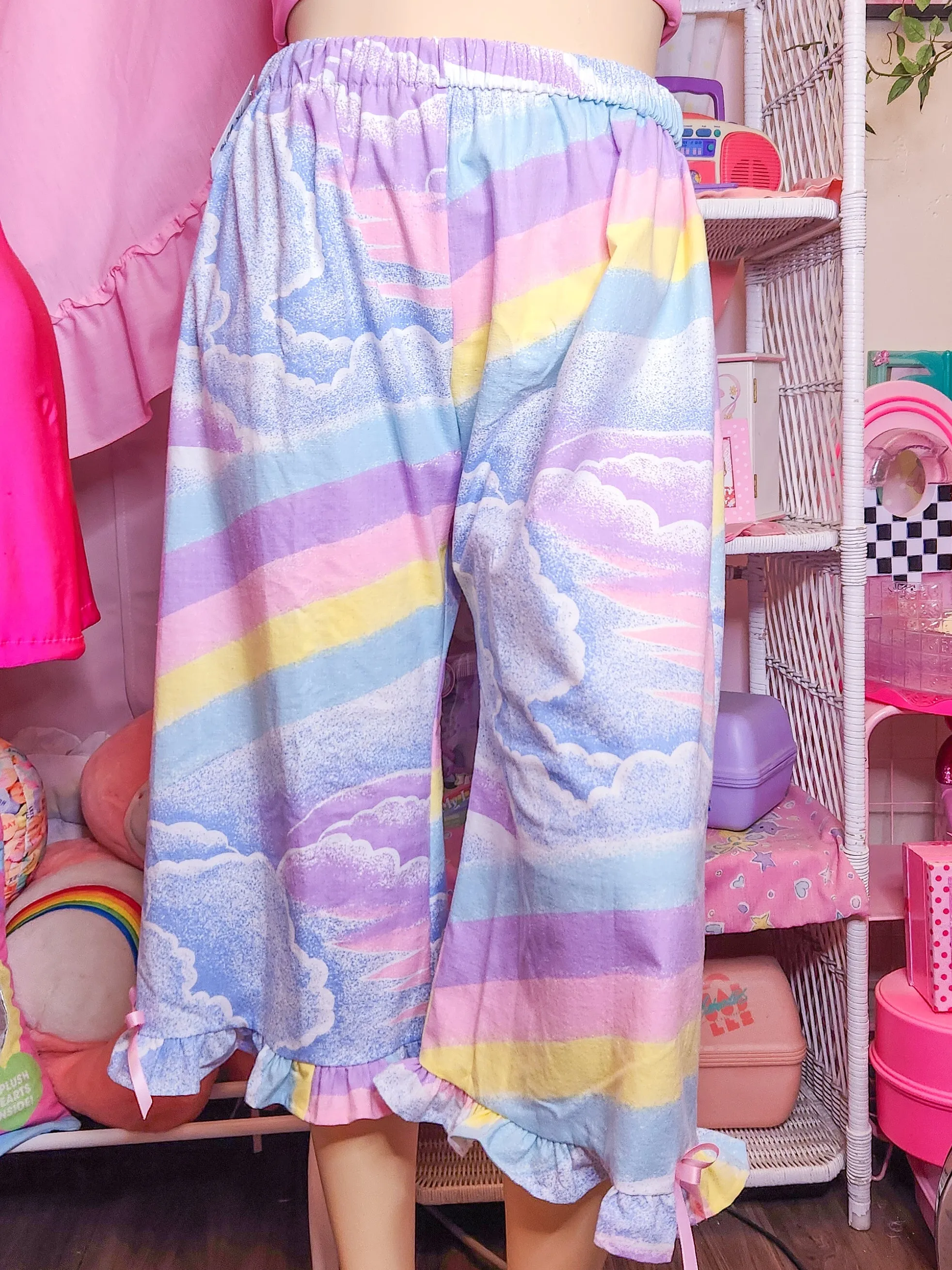 Pastel rainbow upcycled capri ruffle pants, fairy spank kei size XL