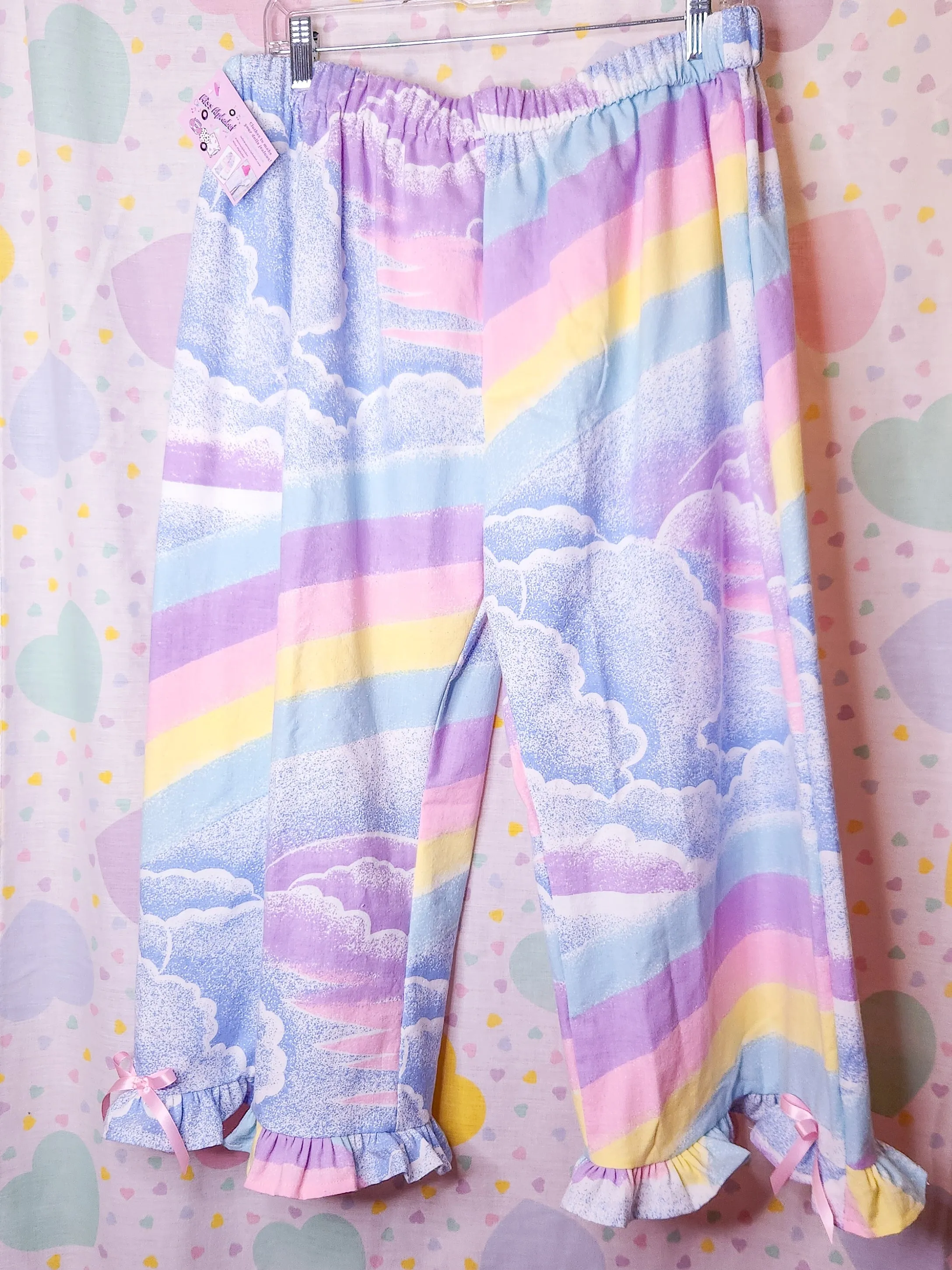 Pastel rainbow upcycled capri ruffle pants, fairy spank kei size XL