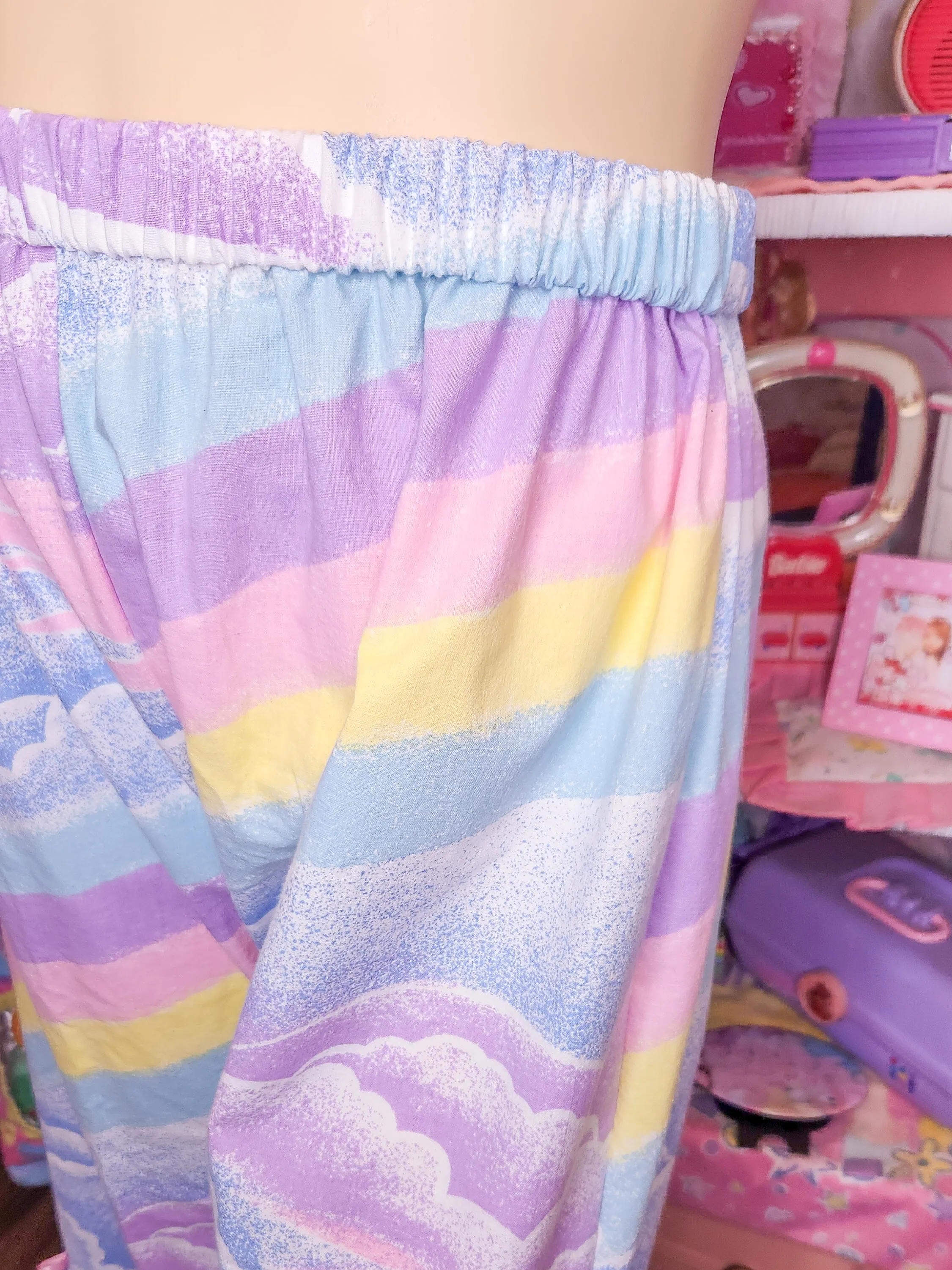 Pastel rainbow upcycled capri ruffle pants, fairy spank kei size XL