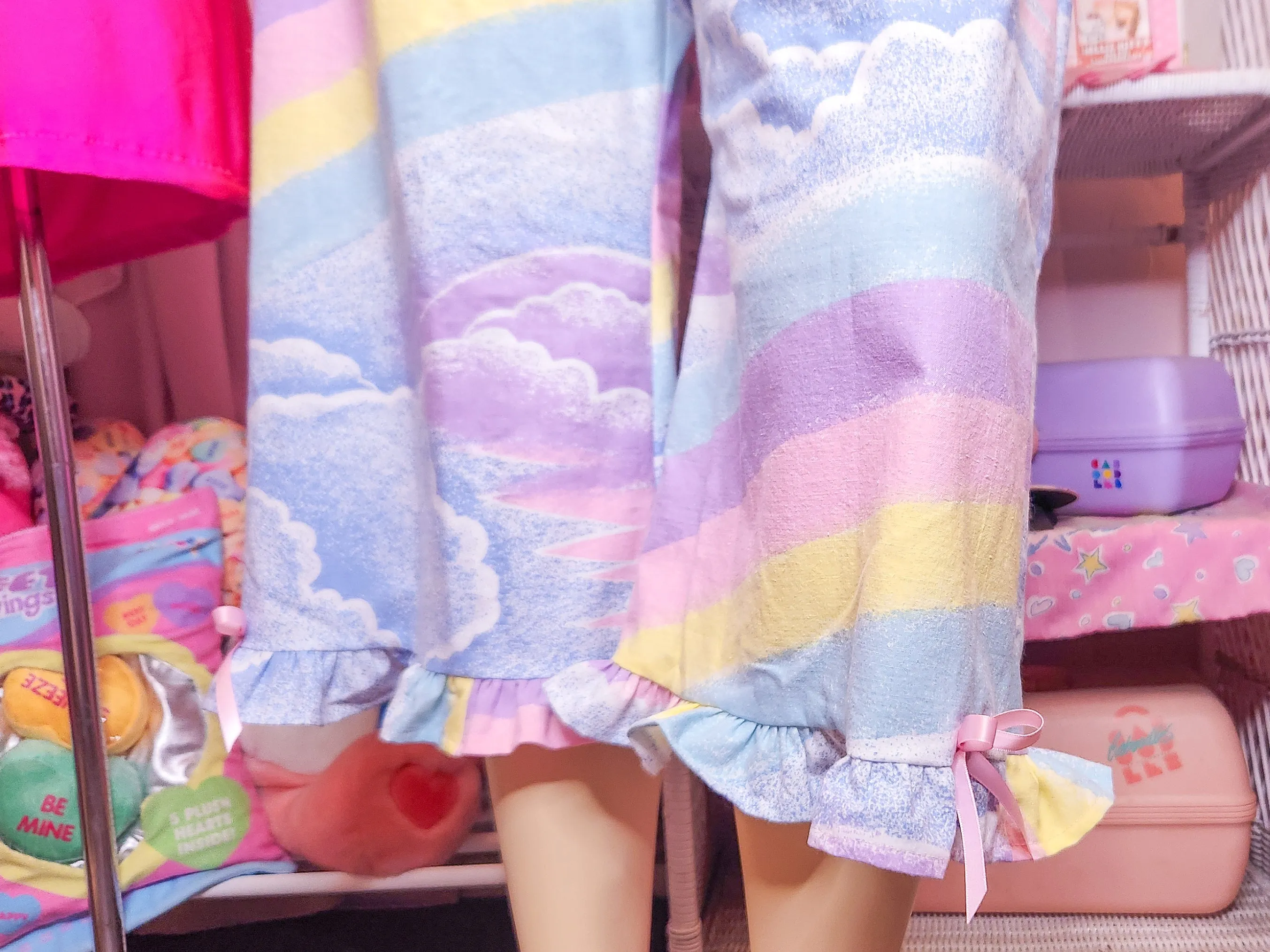 Pastel rainbow upcycled capri ruffle pants, fairy spank kei size XL