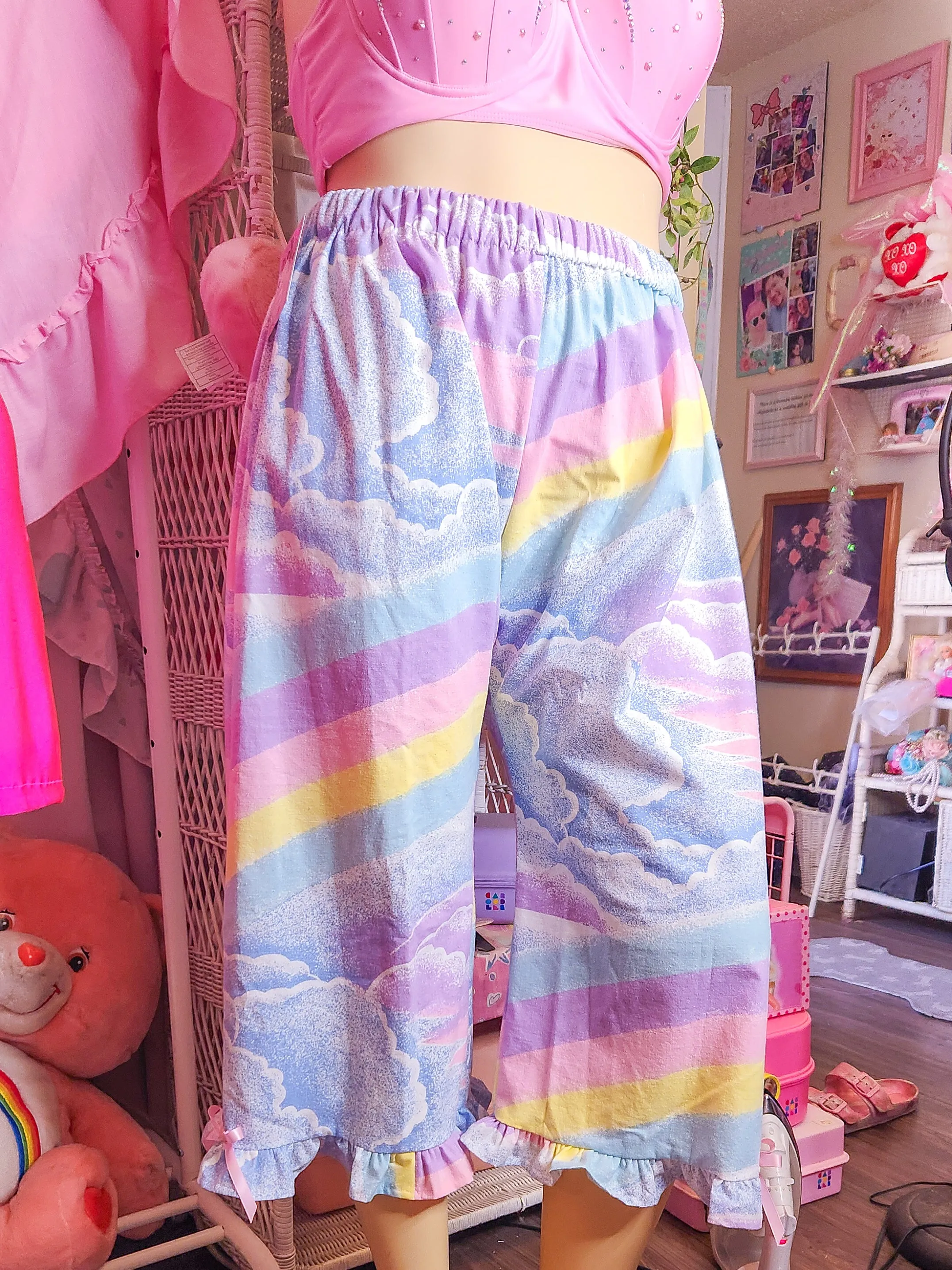 Pastel rainbow upcycled capri ruffle pants, fairy spank kei size XL