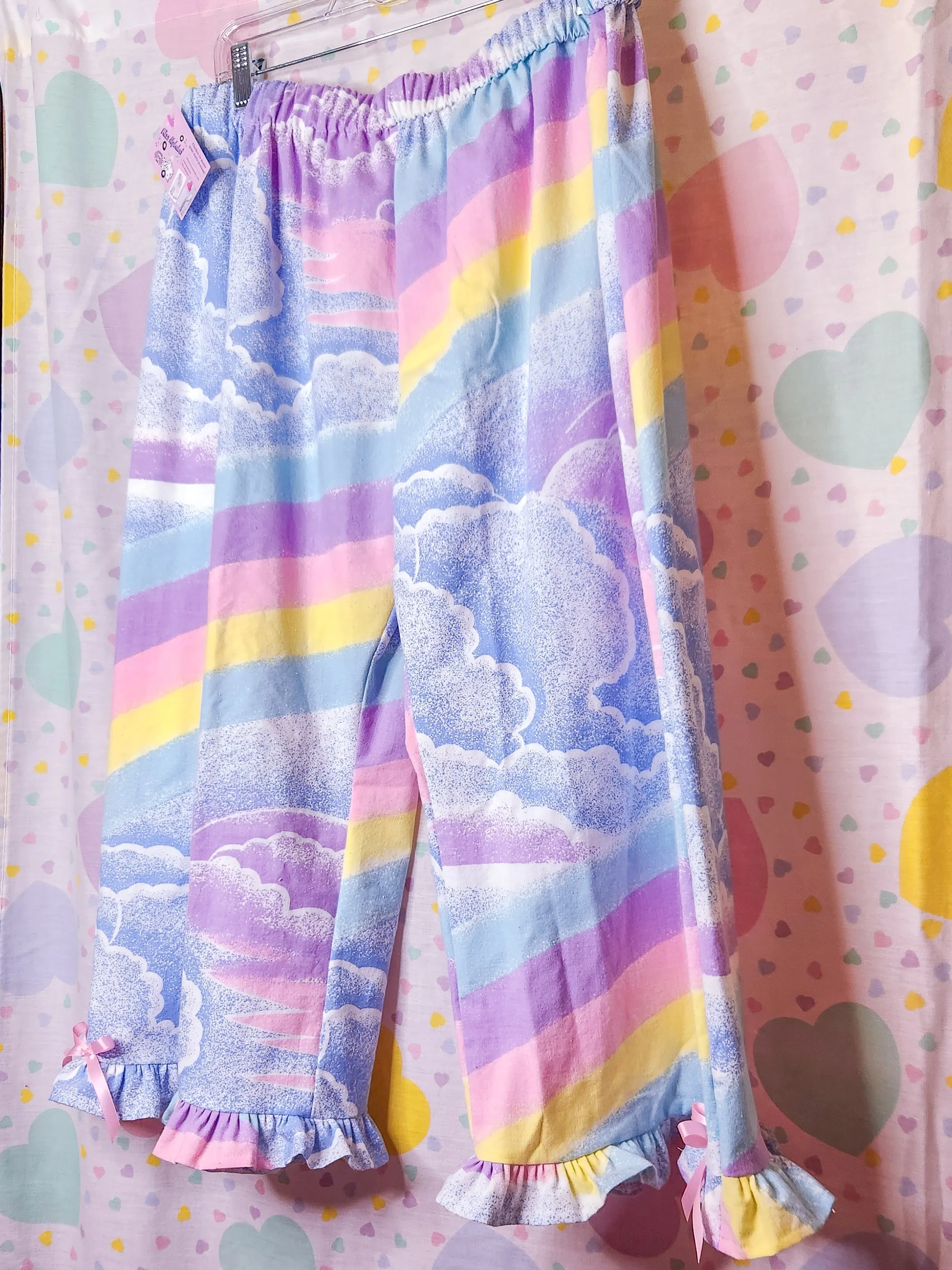 Pastel rainbow upcycled capri ruffle pants, fairy spank kei size XL