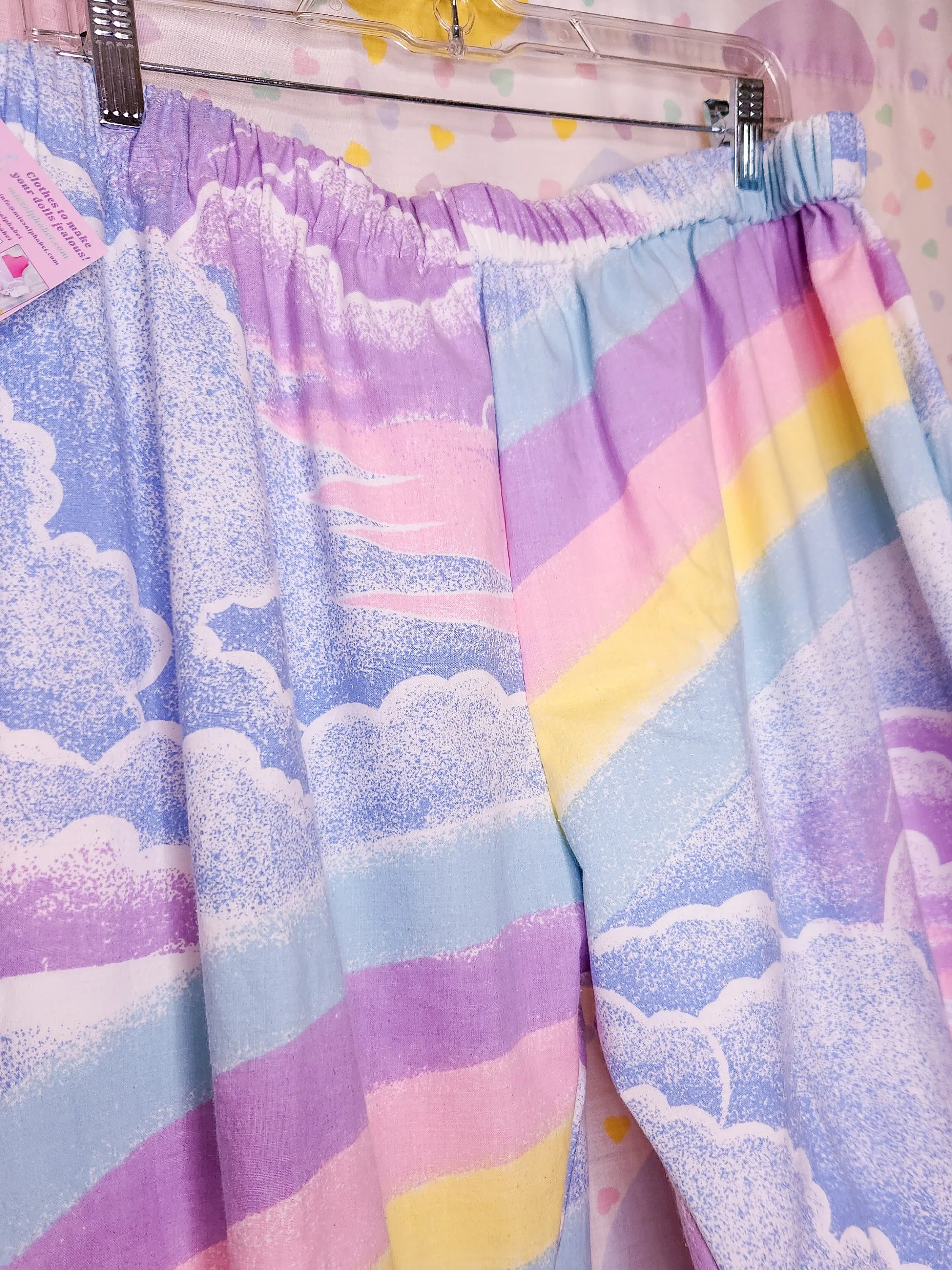 Pastel rainbow upcycled capri ruffle pants, fairy spank kei size XL