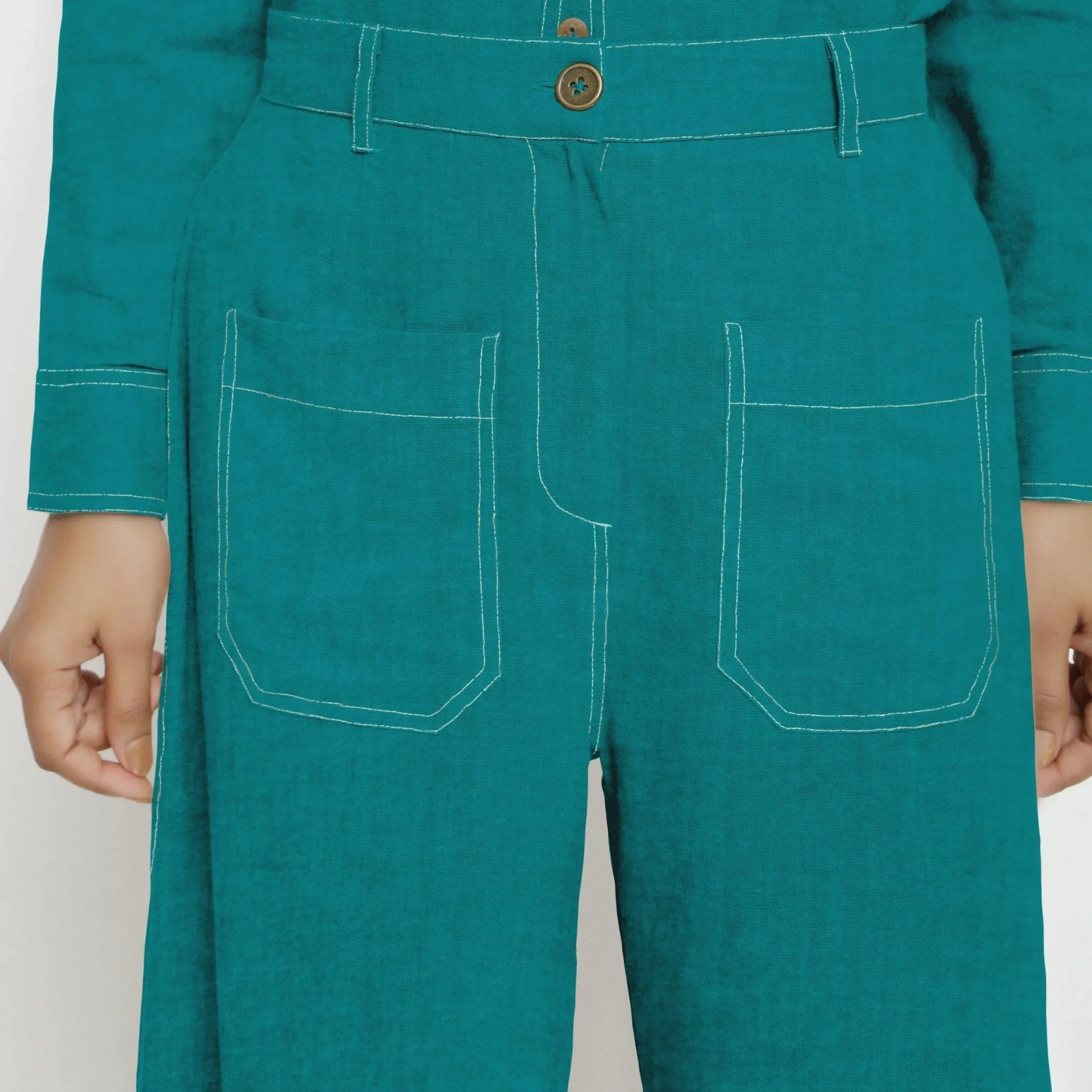 Pine Green Linen Patch Pocket Wide Legged Pant