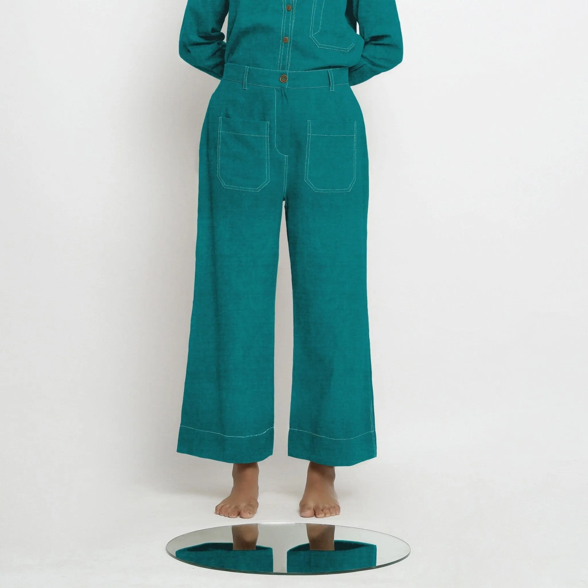 Pine Green Linen Patch Pocket Wide Legged Pant