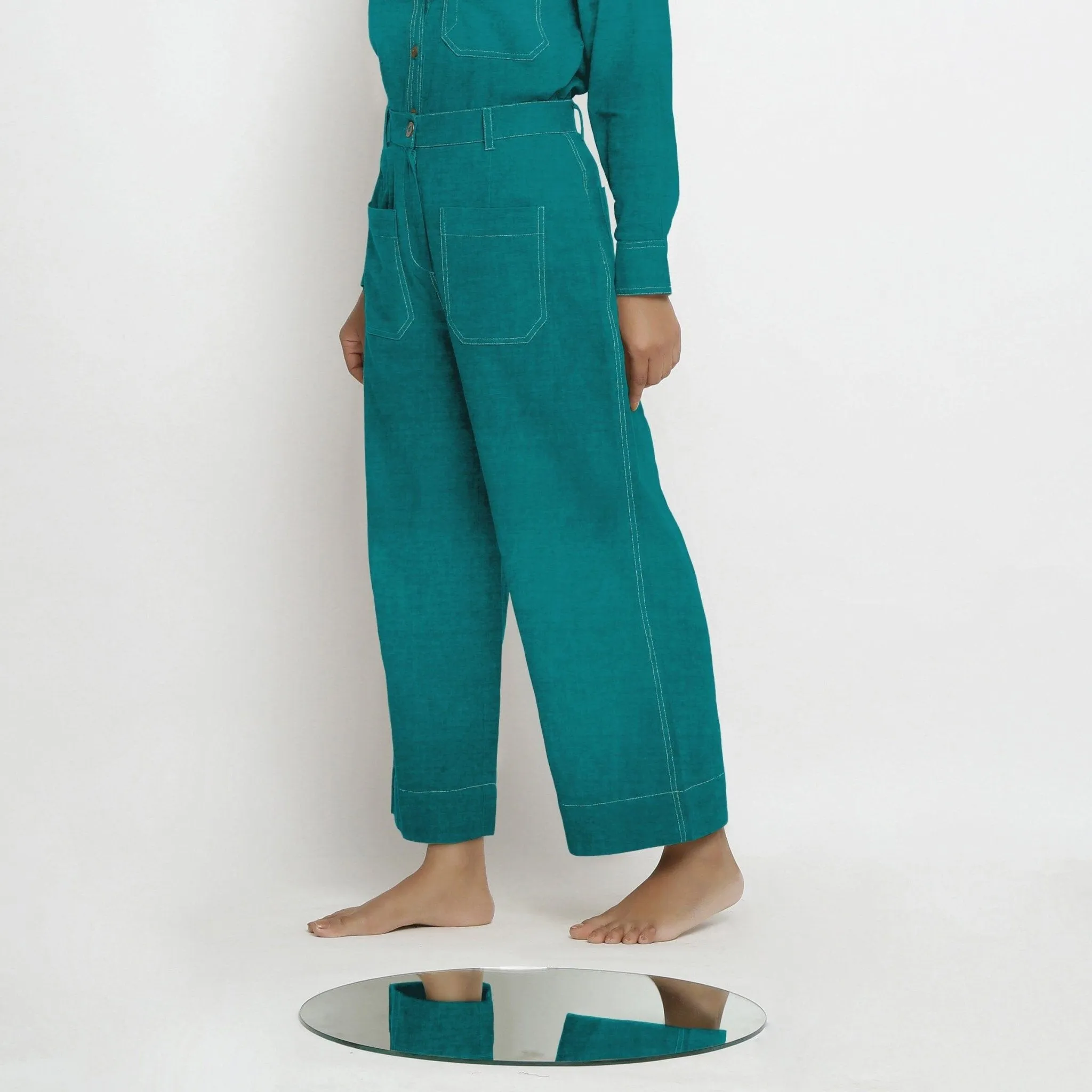 Pine Green Linen Patch Pocket Wide Legged Pant