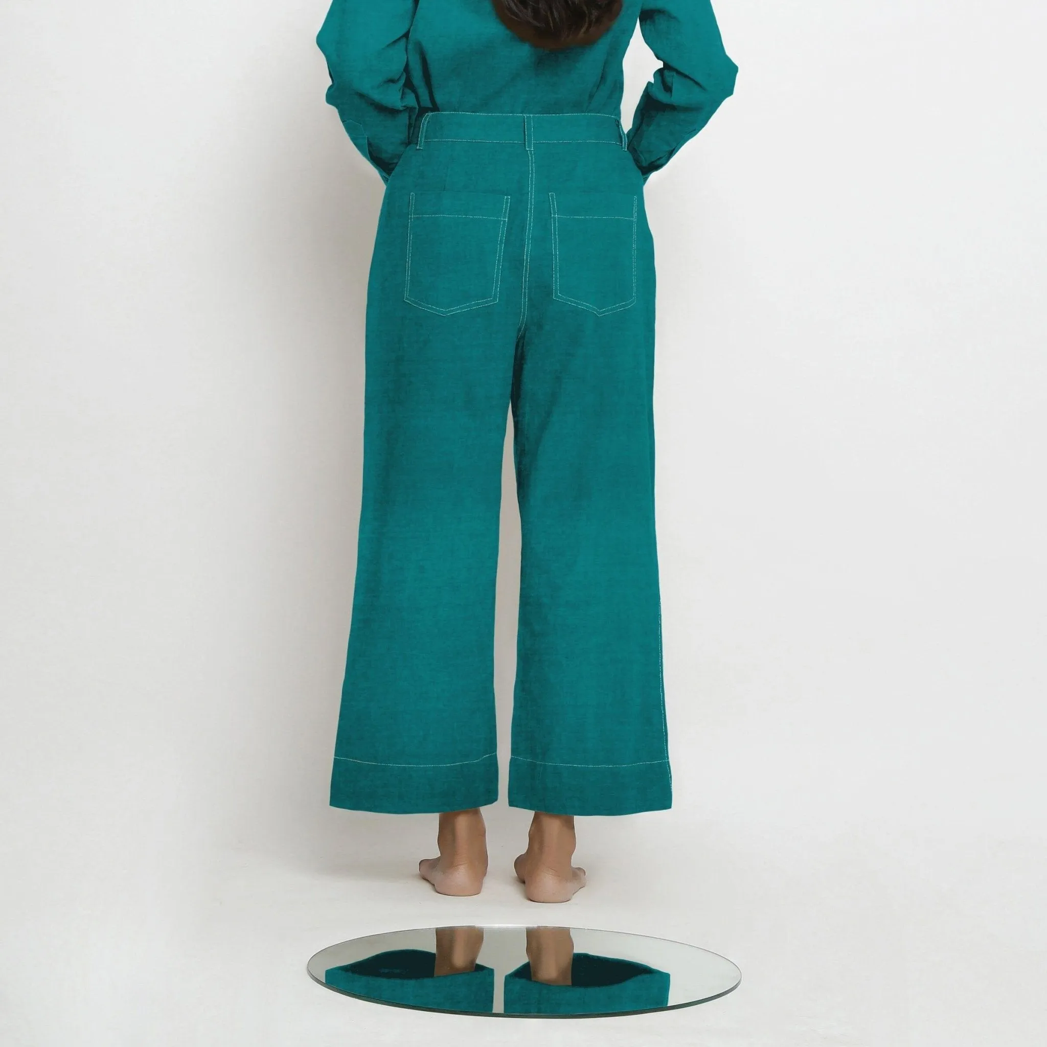 Pine Green Linen Patch Pocket Wide Legged Pant
