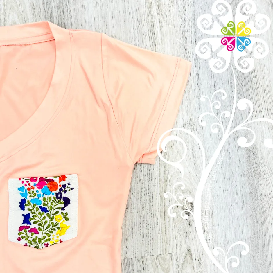 Pink/Beige Embroider Women Tee - Pocket Embroider