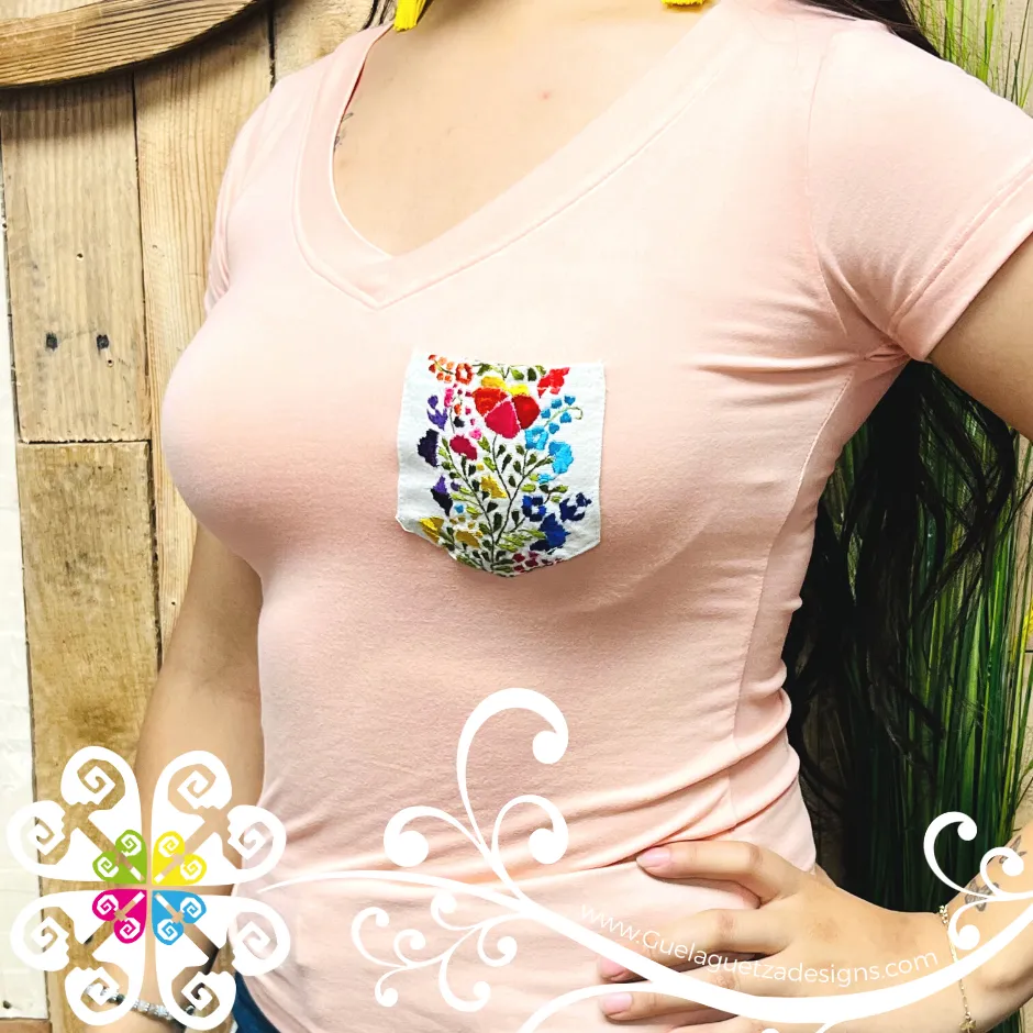 Pink/Beige Embroider Women Tee - Pocket Embroider