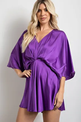 Purple Gathered V Neck Kimono Sleeves Mini Dress