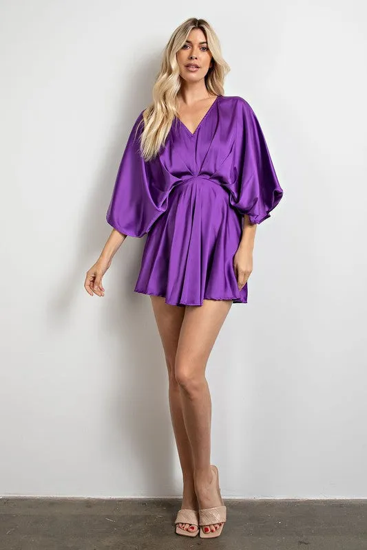 Purple Gathered V Neck Kimono Sleeves Mini Dress