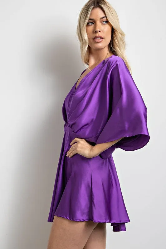 Purple Gathered V Neck Kimono Sleeves Mini Dress