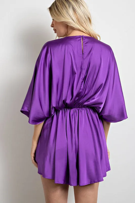Purple Gathered V Neck Kimono Sleeves Mini Dress