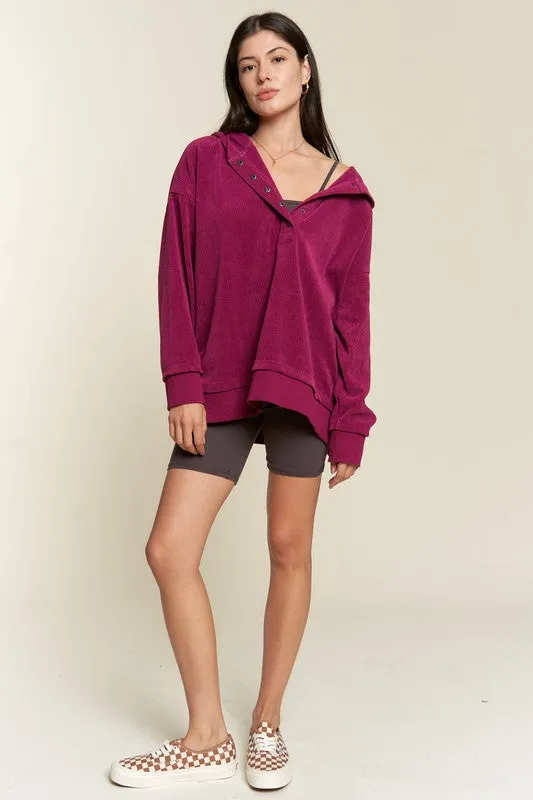 Ribbed Knit Hooded Sweatshirt with Button Detail