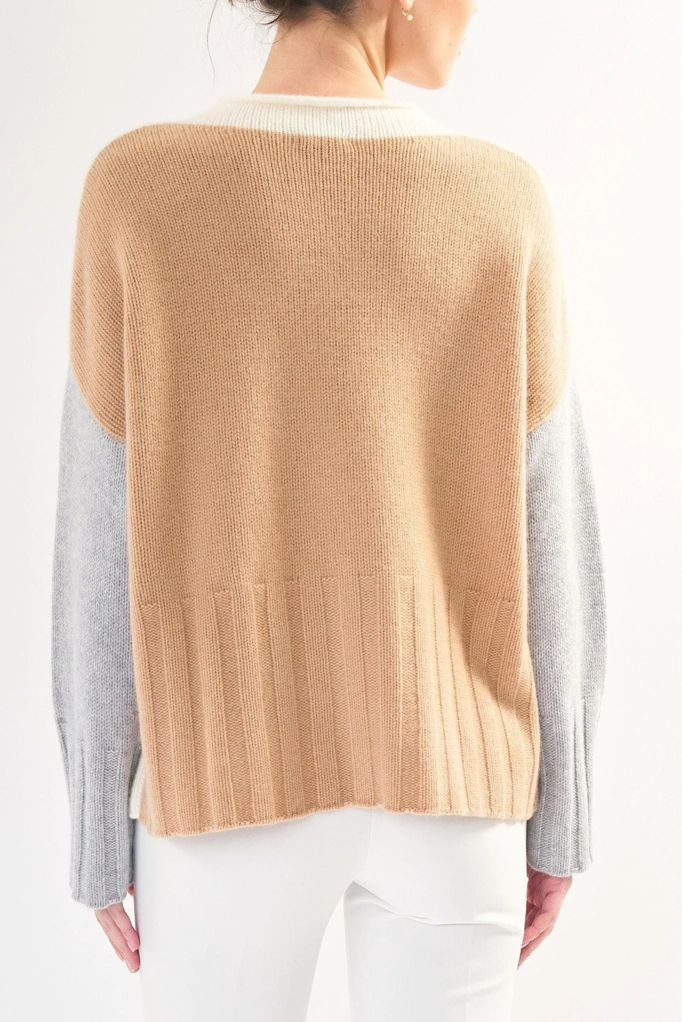 Robertson Madison 100% Cashmere Rib Hem and Cuff Sweater CC-115D | Light Color Block | Clearance Final Sale
