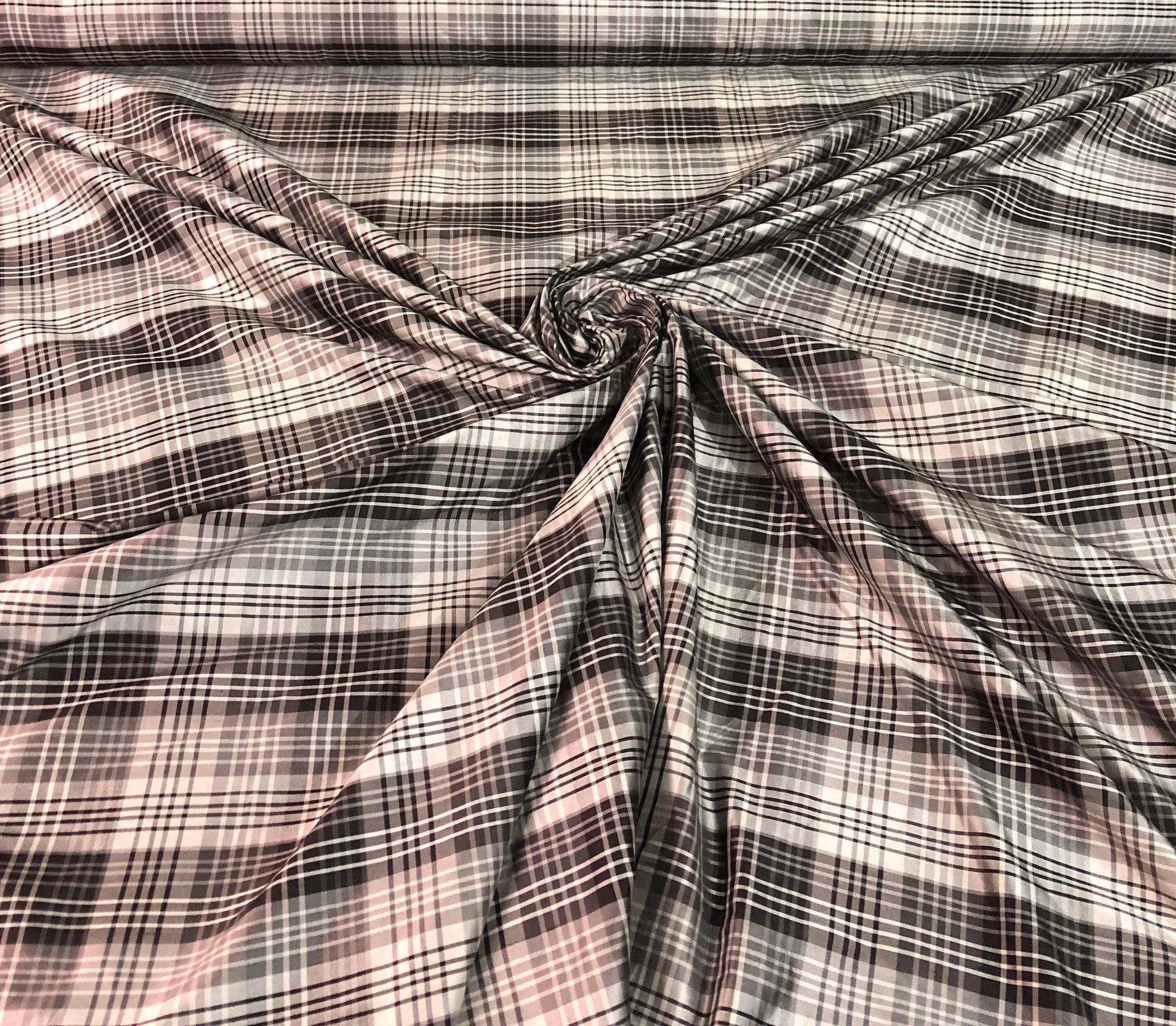 Silk shantung plaid 54&quot; wide    Beautiful black grey white plaid silk shantung fabric sold by the yard