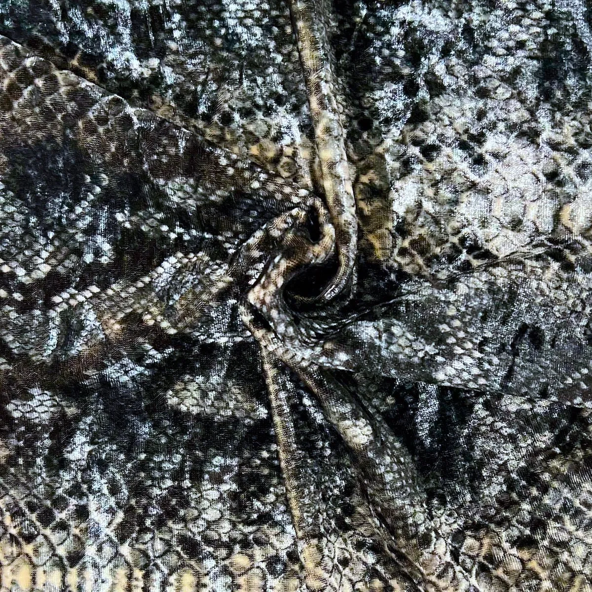 Smoke Gray Snake Skin Printed Stretch Velvet Fabric