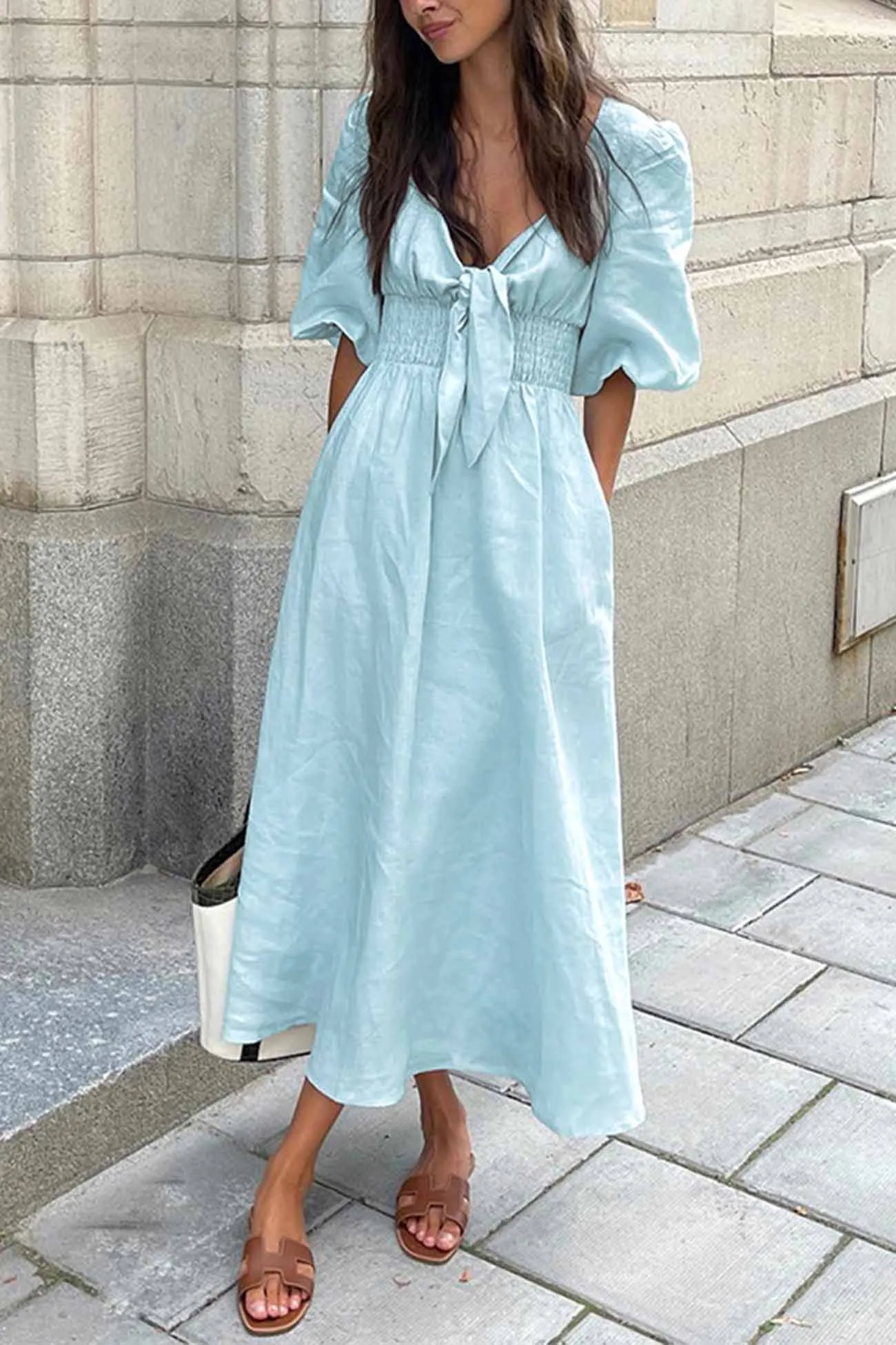Solid Color Puff Sleeve Knot Midi Dress