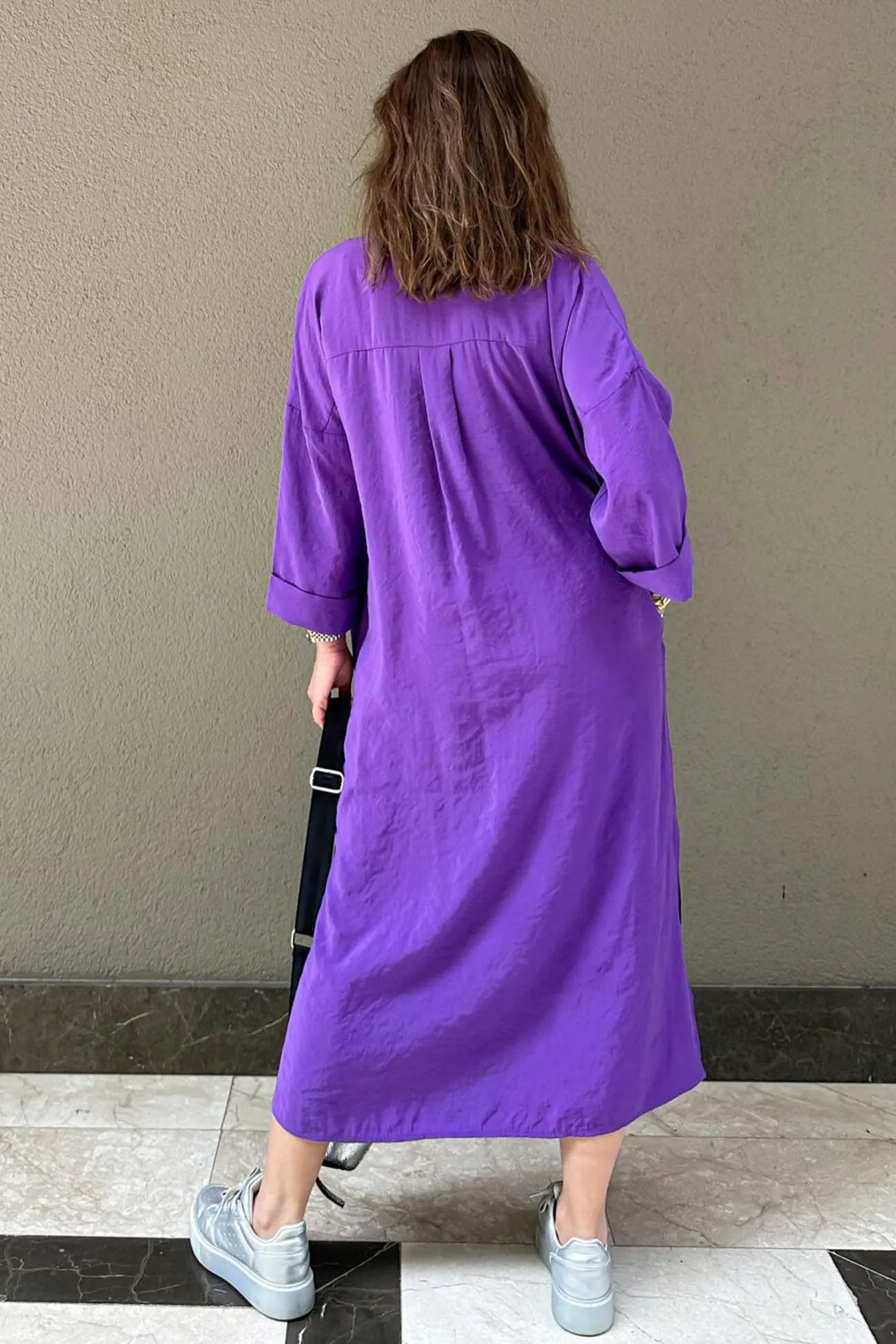 Solid Color Single-breasted Slit Shirt Dress