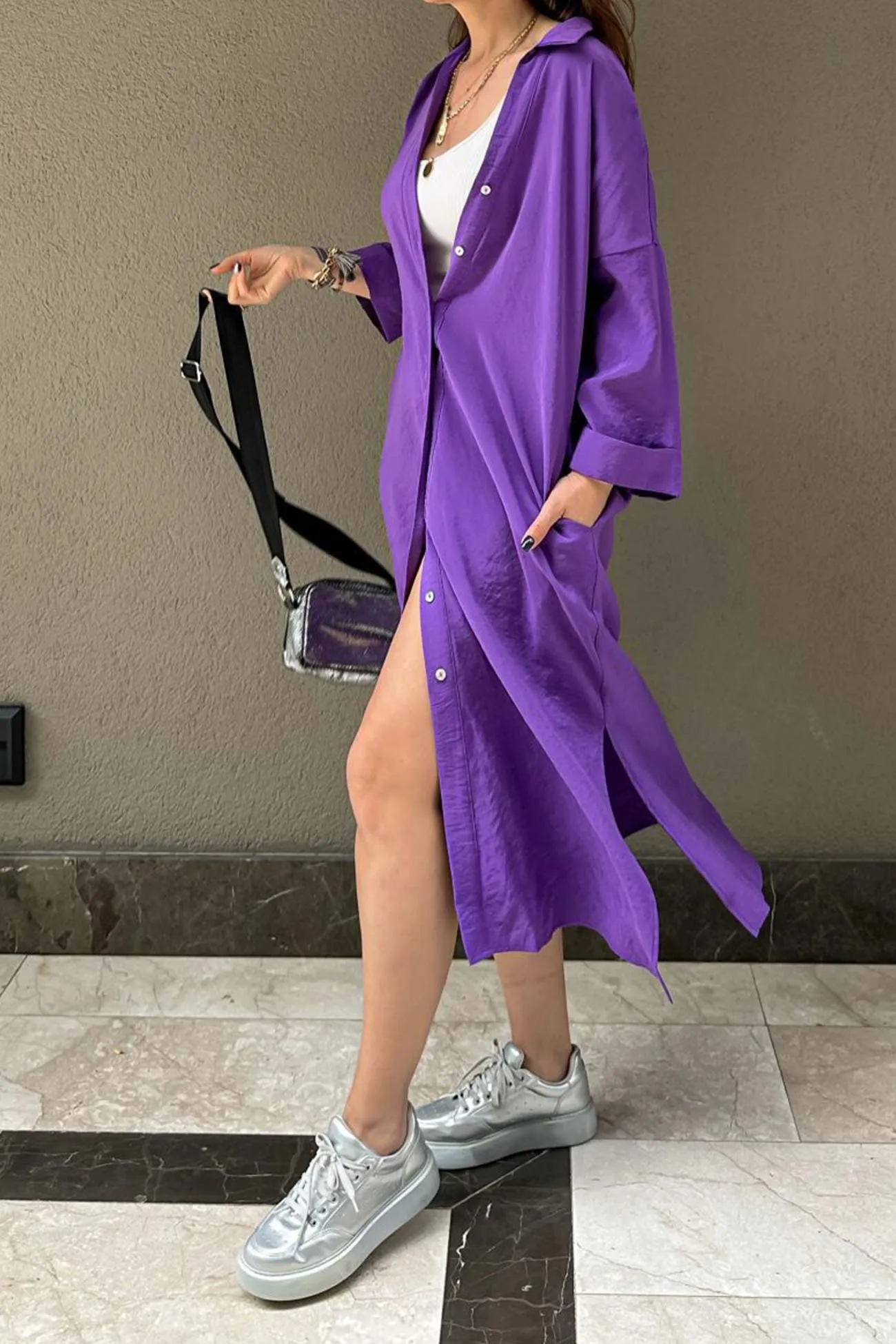 Solid Color Single-breasted Slit Shirt Dress