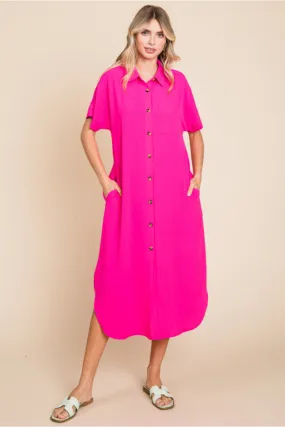 Solid Midi Dress W/Collared Neck, Chest Pocket, Side Pockets