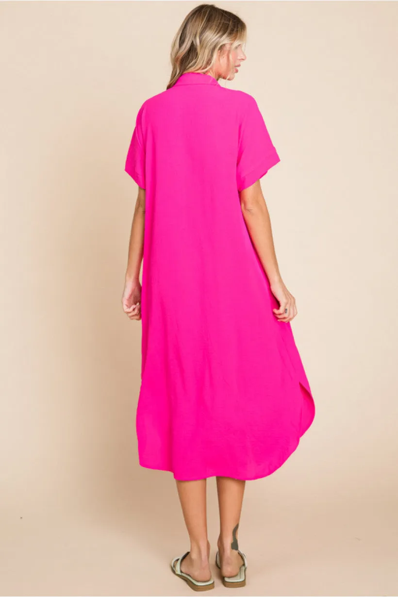 Solid Midi Dress W/Collared Neck, Chest Pocket, Side Pockets