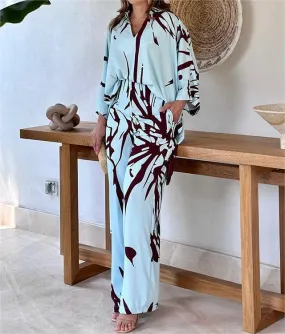 Spring/Summer New Top Wide-Legged Slacks Two-Piece Set Pants Blue