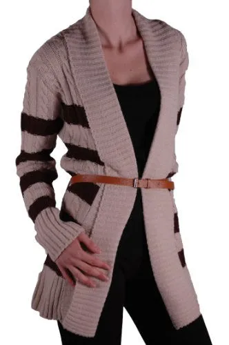 Striped Open Front Belted Cardigan