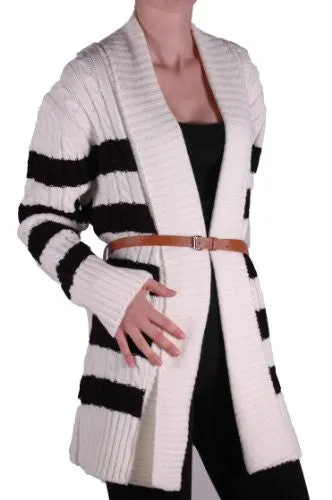 Striped Open Front Belted Cardigan