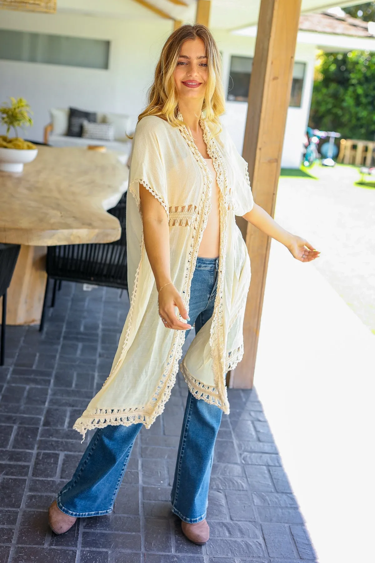 Summer Days Beige Sundial Crochet Kimono