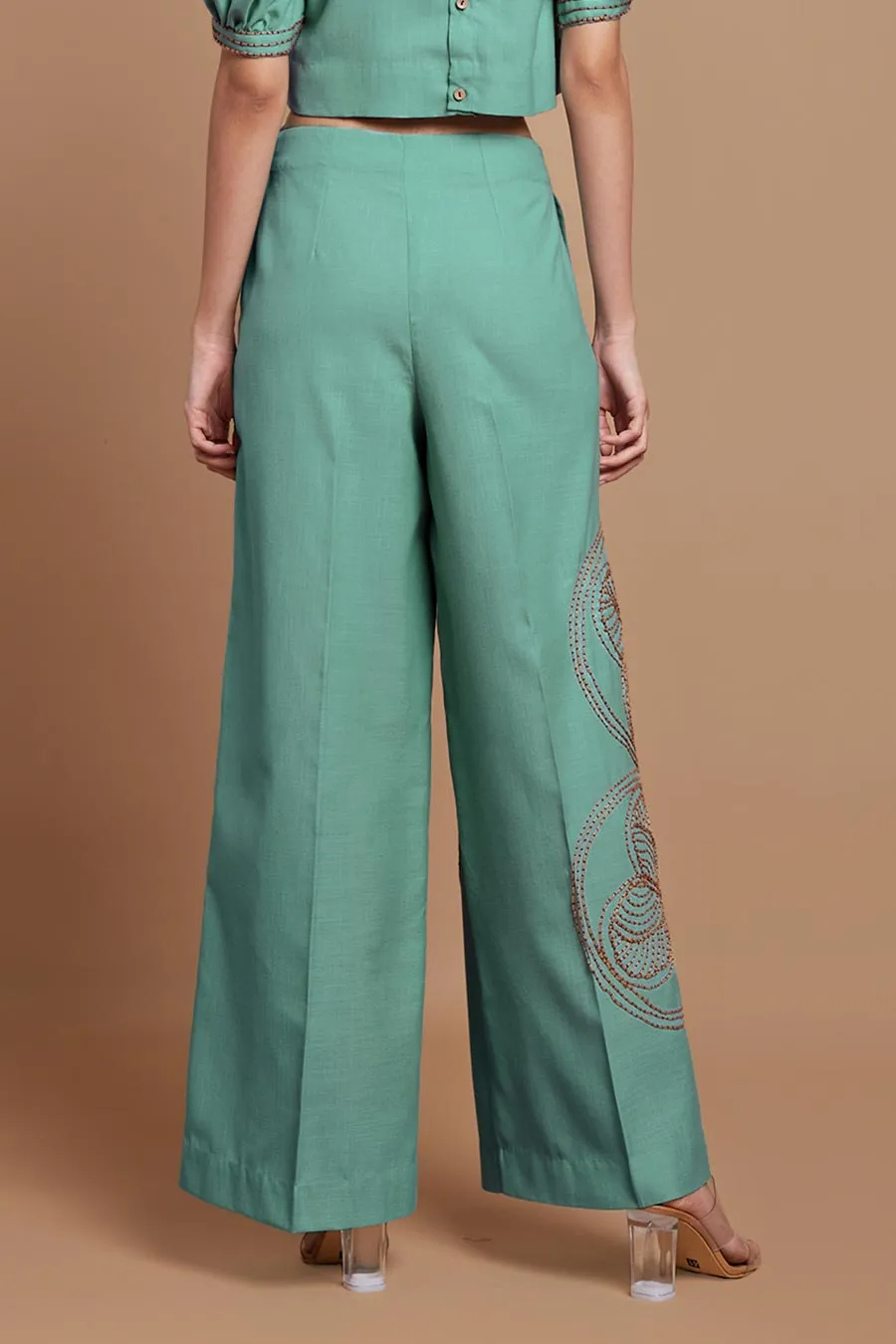 Teal Jute Embroidered Wide Legged Pants