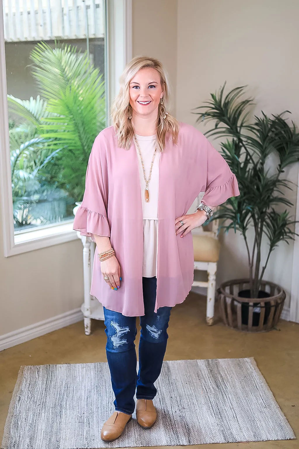 Tell Me About It Sheer Kimono with Ruffle Sleeves in Dusty Rose Pink