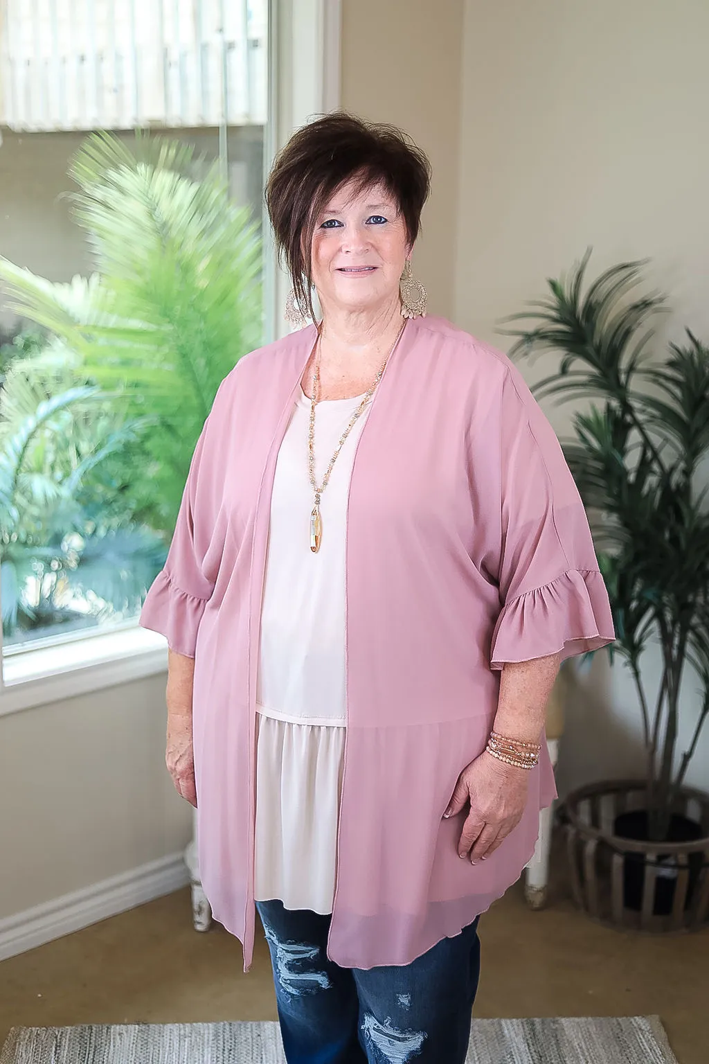 Tell Me About It Sheer Kimono with Ruffle Sleeves in Dusty Rose Pink