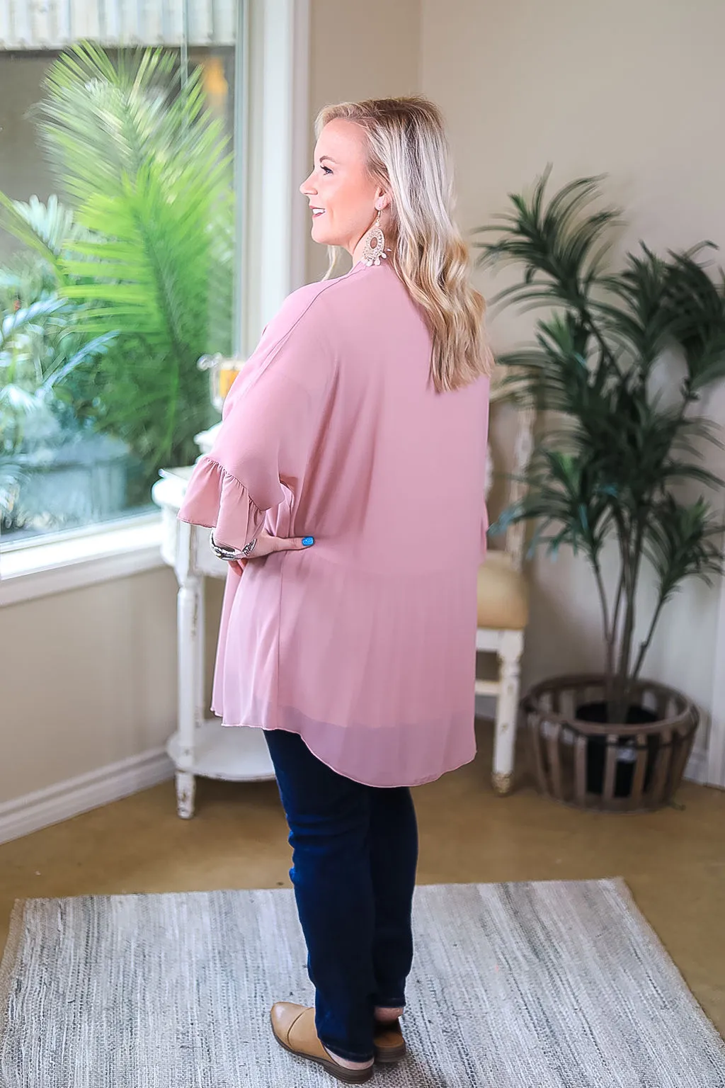 Tell Me About It Sheer Kimono with Ruffle Sleeves in Dusty Rose Pink