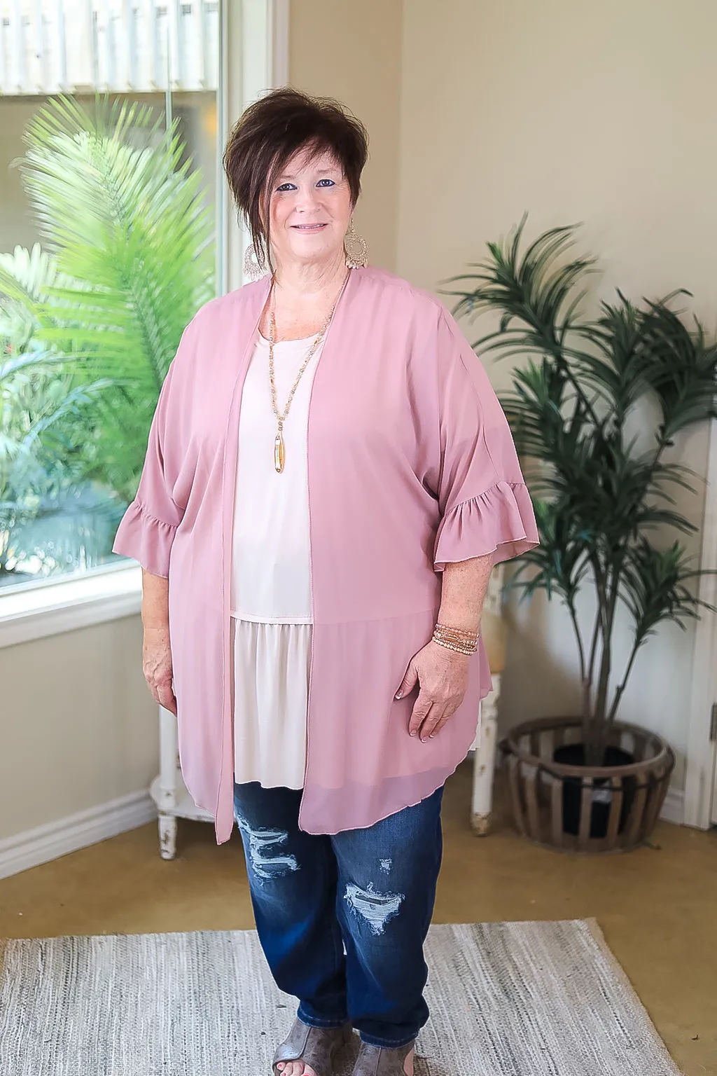 Tell Me About It Sheer Kimono with Ruffle Sleeves in Dusty Rose Pink