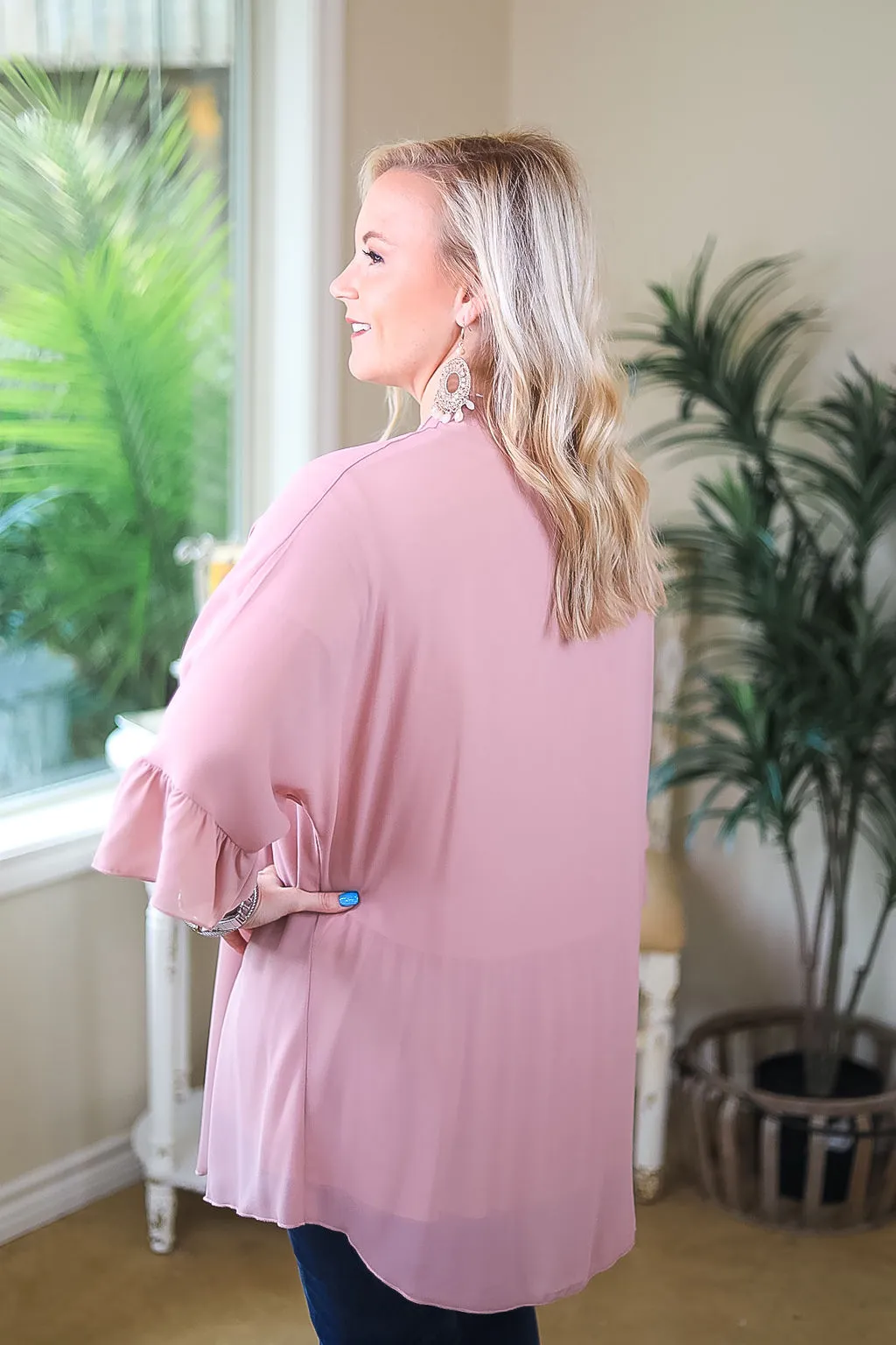 Tell Me About It Sheer Kimono with Ruffle Sleeves in Dusty Rose Pink
