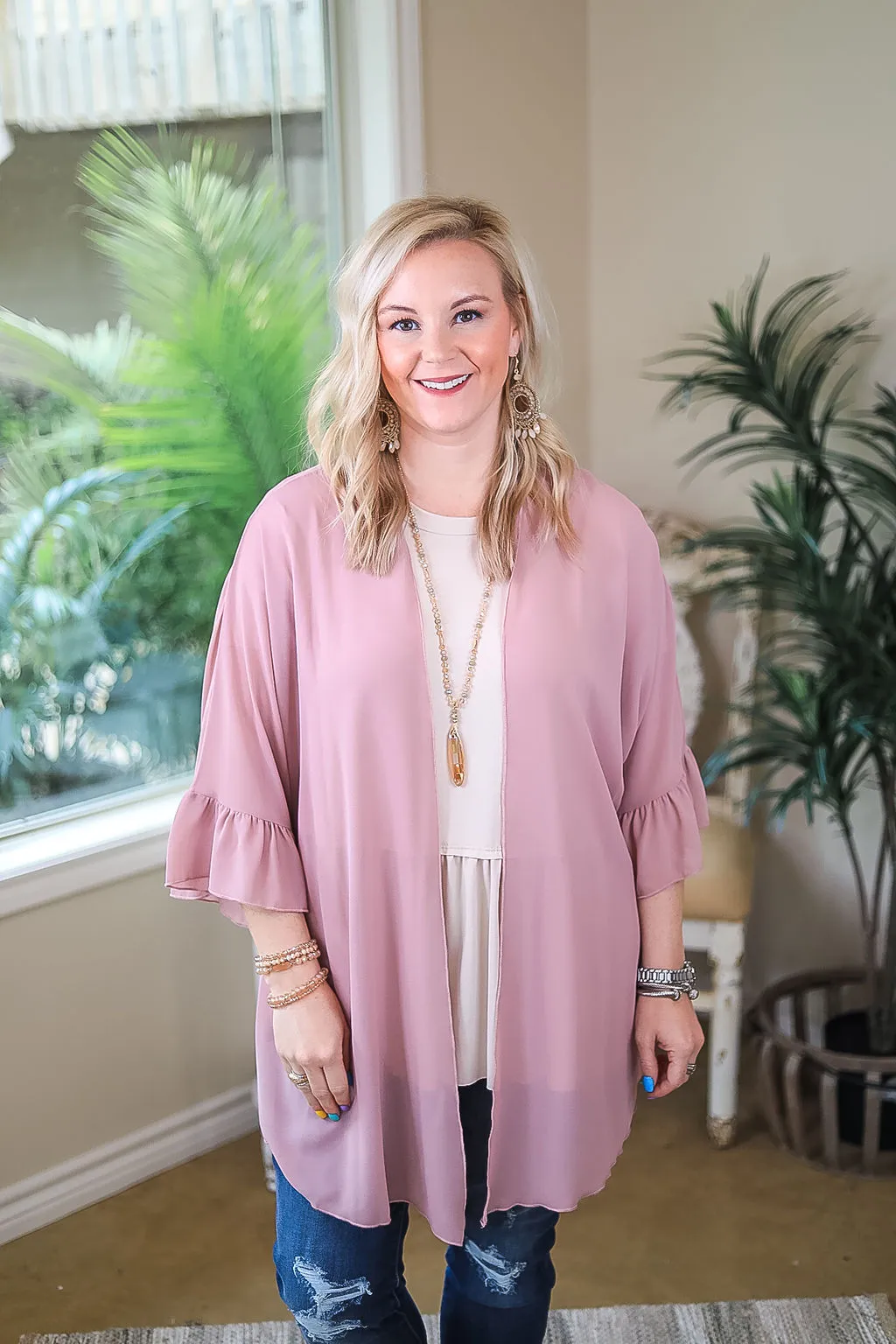 Tell Me About It Sheer Kimono with Ruffle Sleeves in Dusty Rose Pink