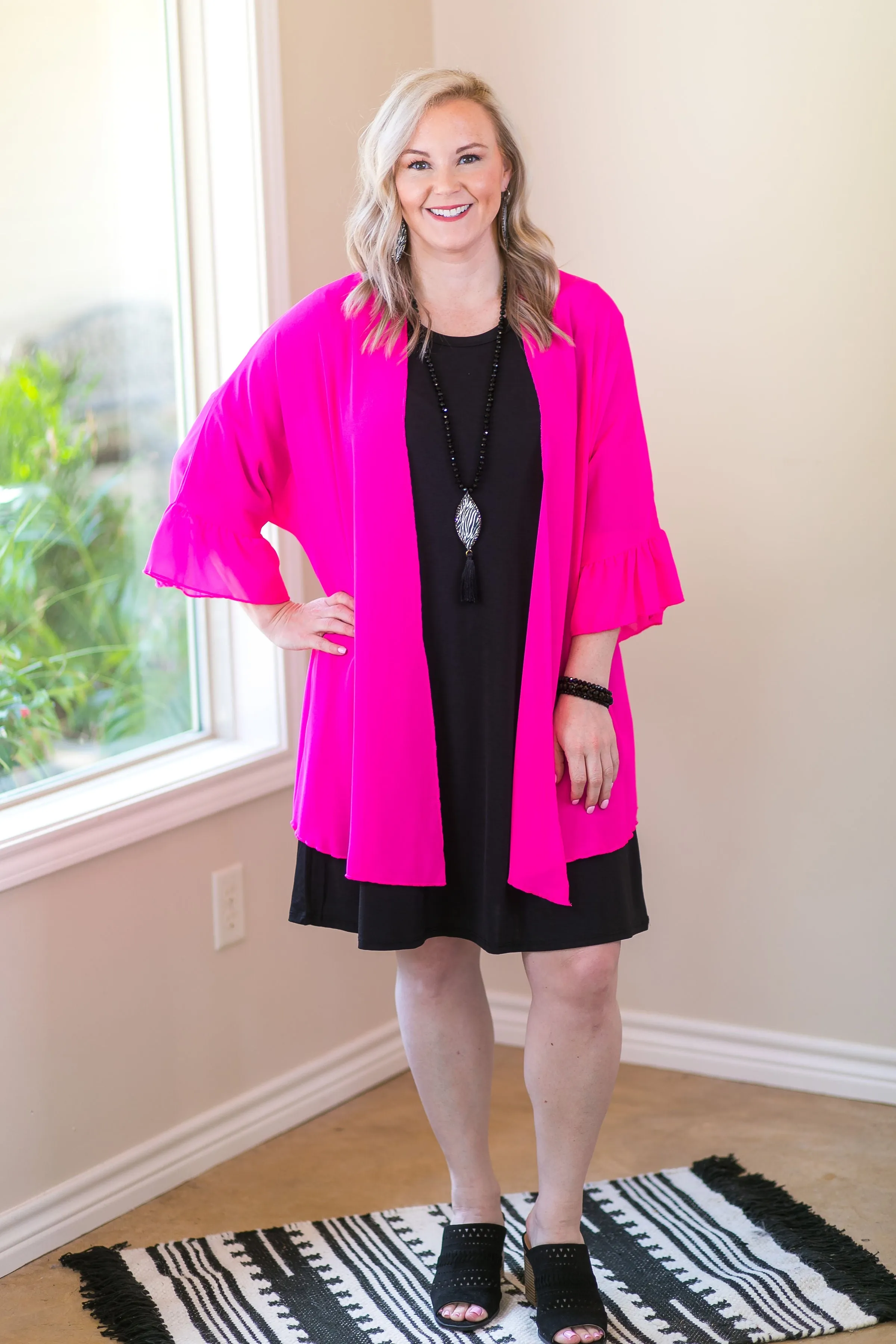 Tell Me About It Sheer Kimono with Ruffle Sleeves in Fuchsia Pink