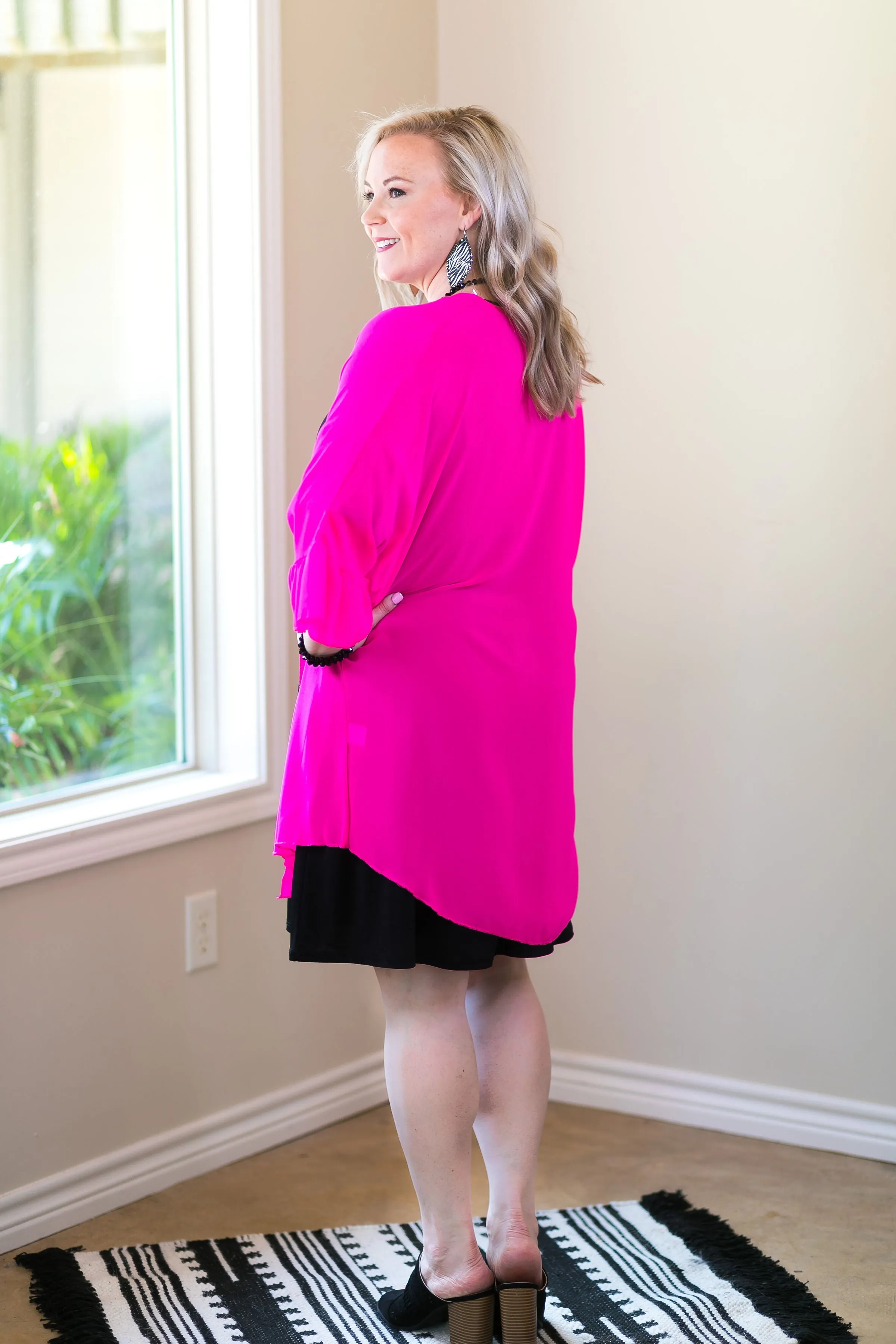 Tell Me About It Sheer Kimono with Ruffle Sleeves in Fuchsia Pink