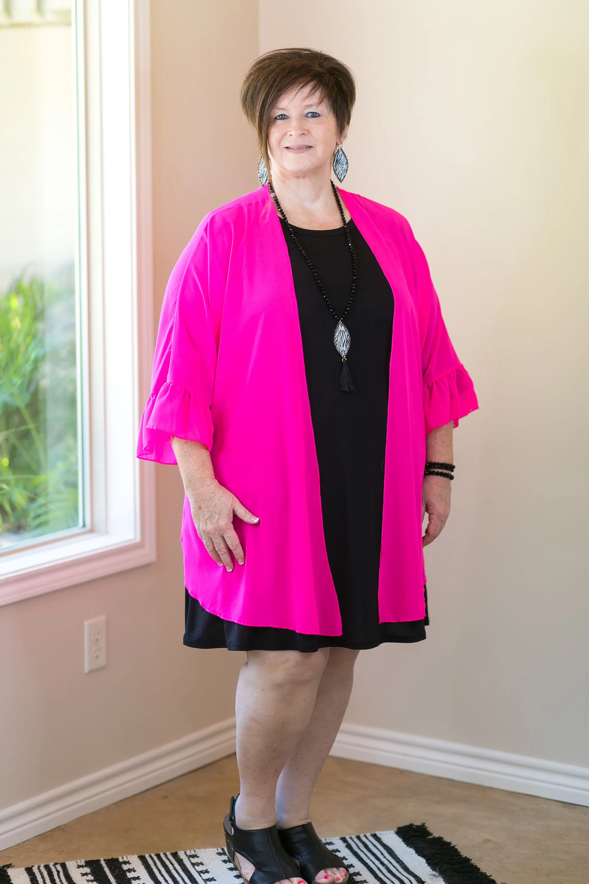 Tell Me About It Sheer Kimono with Ruffle Sleeves in Fuchsia Pink