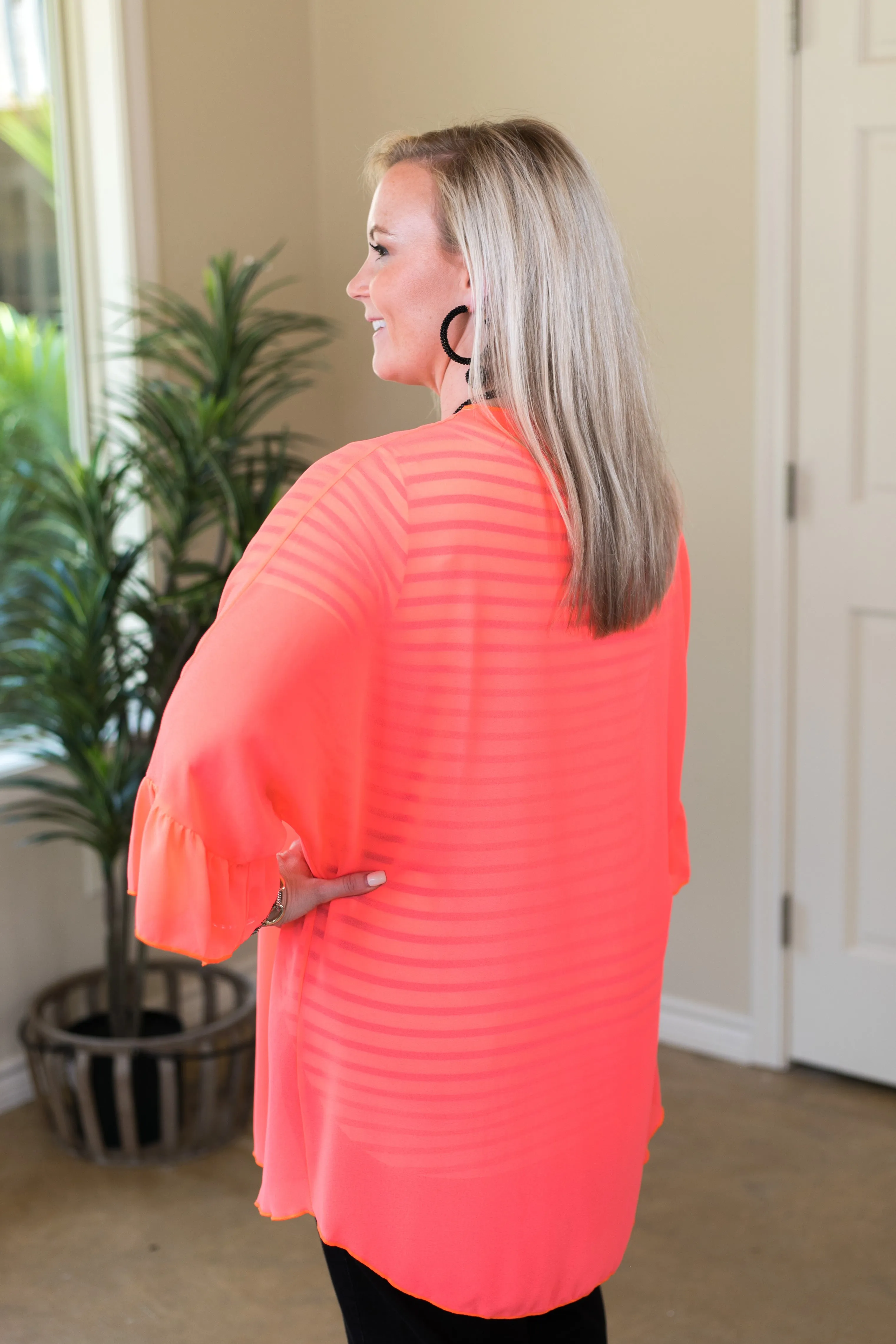 Tell Me About It Sheer Kimono with Ruffle Sleeves in Neon Coral