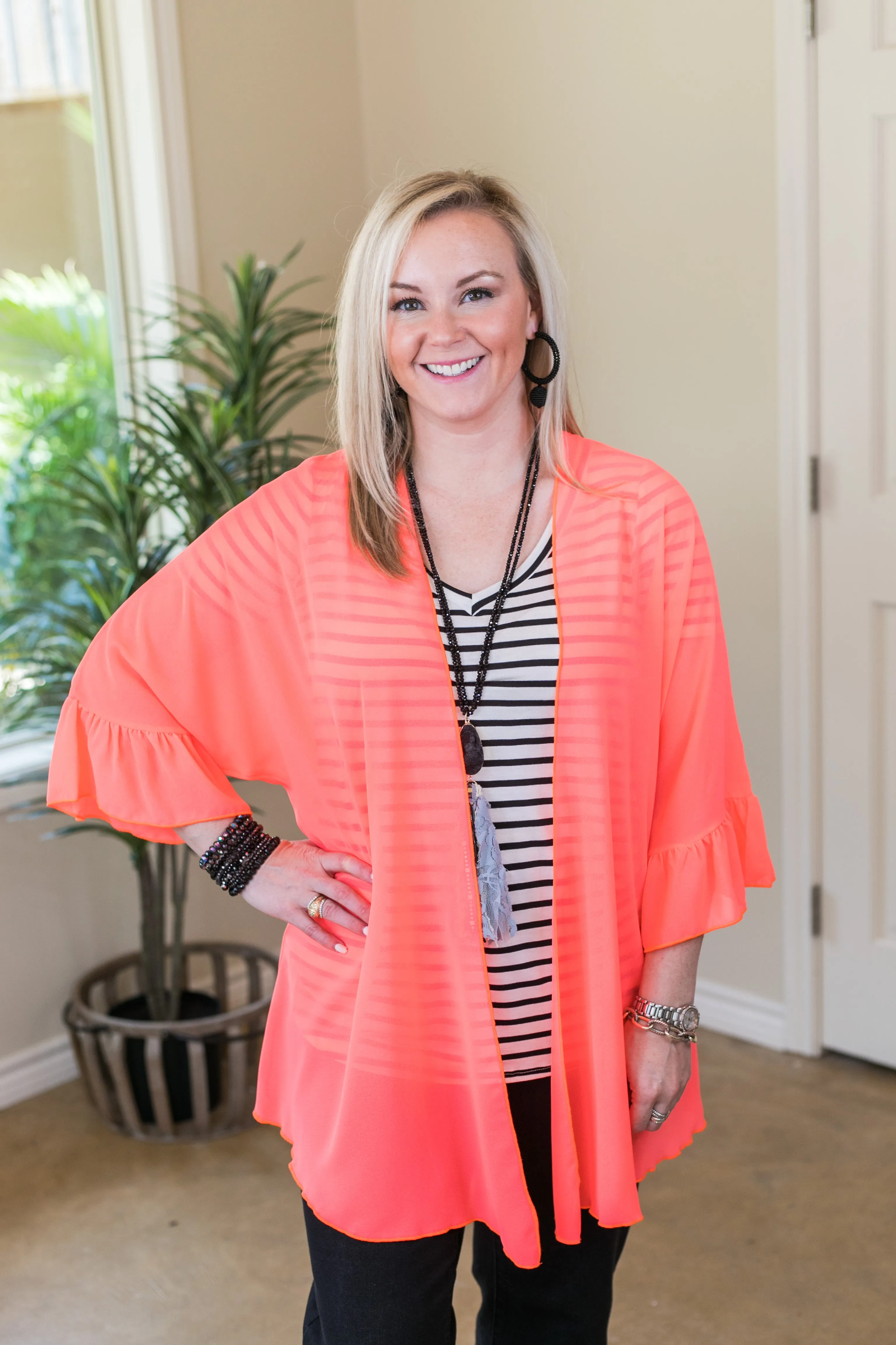 Tell Me About It Sheer Kimono with Ruffle Sleeves in Neon Coral