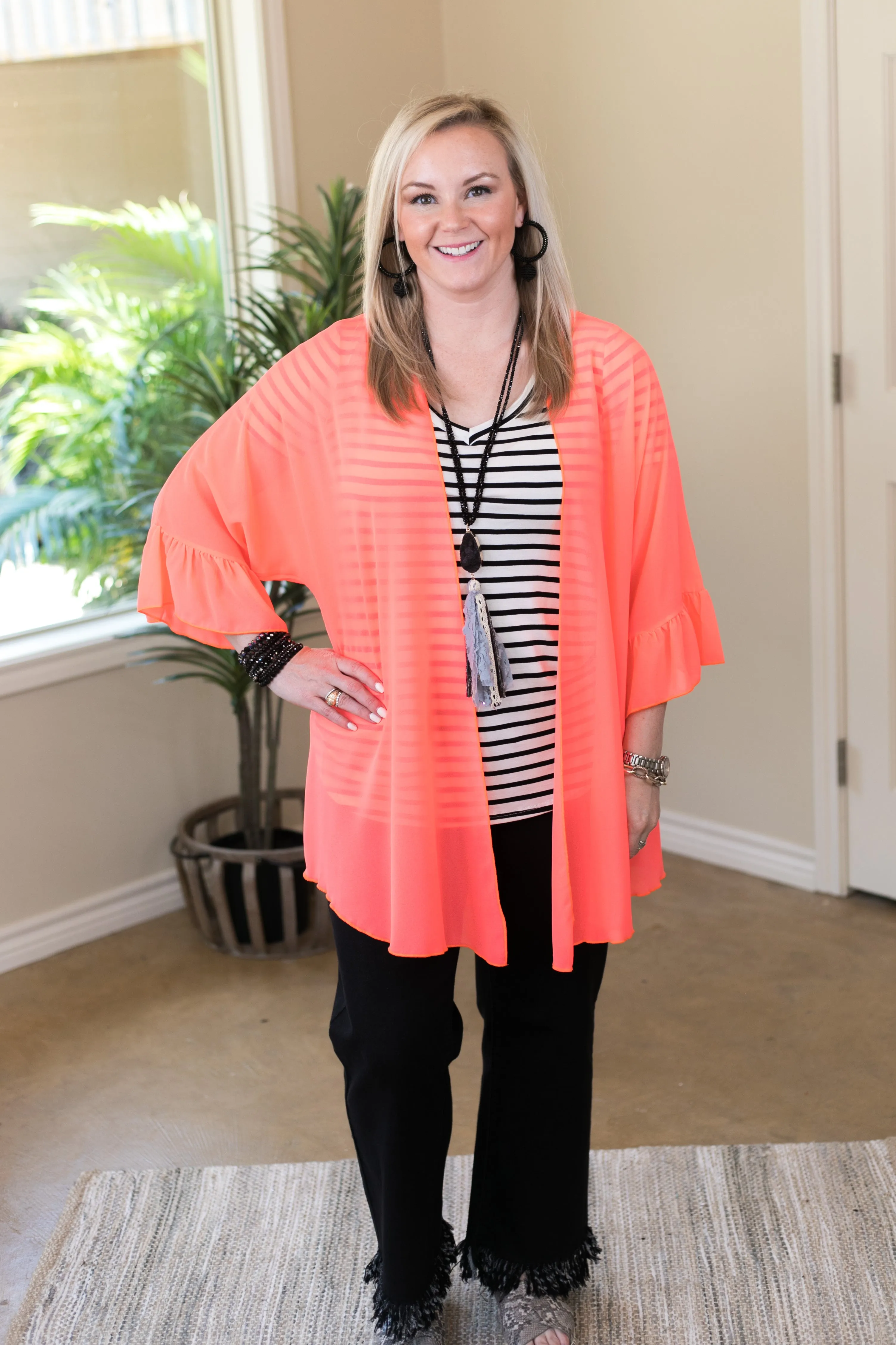 Tell Me About It Sheer Kimono with Ruffle Sleeves in Neon Coral