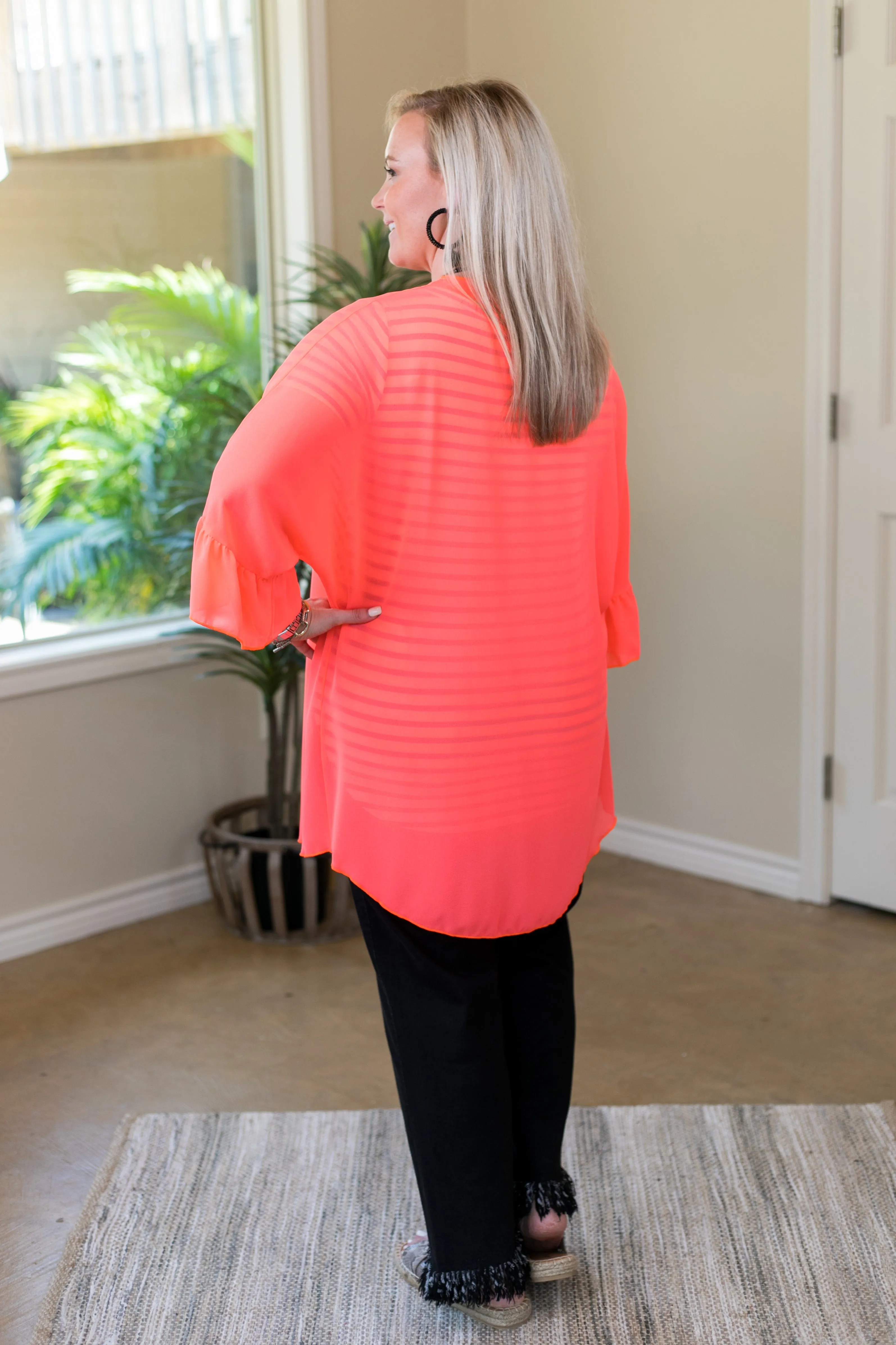 Tell Me About It Sheer Kimono with Ruffle Sleeves in Neon Coral
