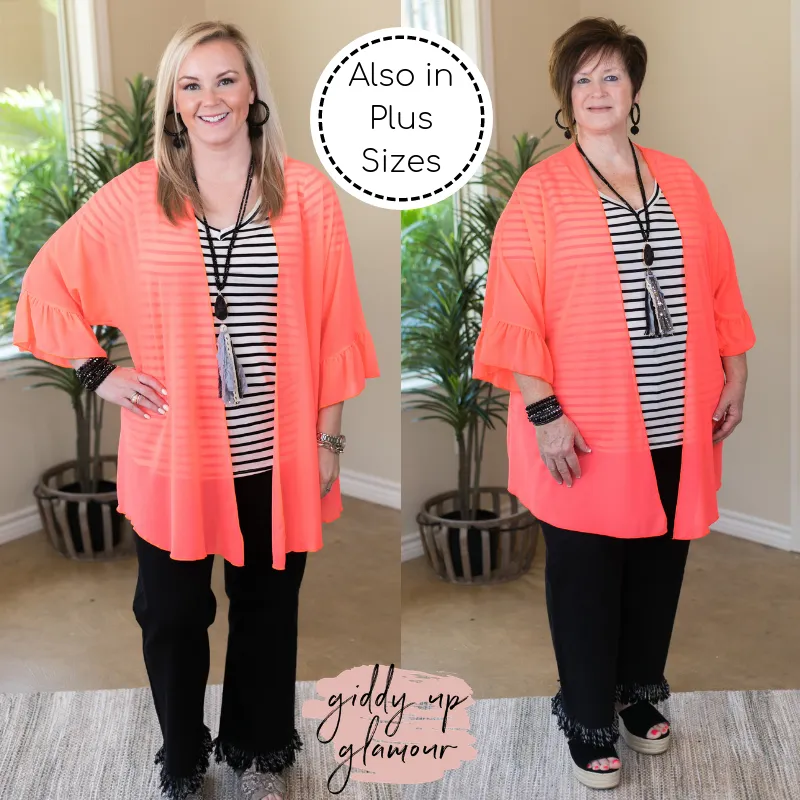 Tell Me About It Sheer Kimono with Ruffle Sleeves in Neon Coral