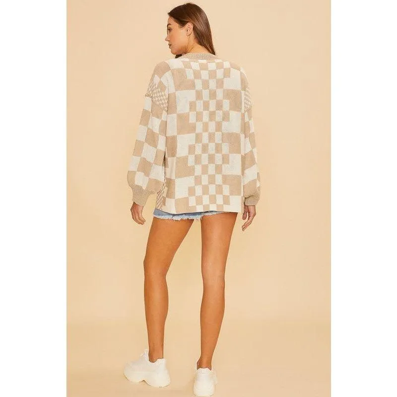 The Checkerboard Tan Open Front Cardigan