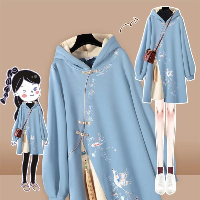 Vintage Embroidery Loose Fringed Hoodie Sweatshirt Dress