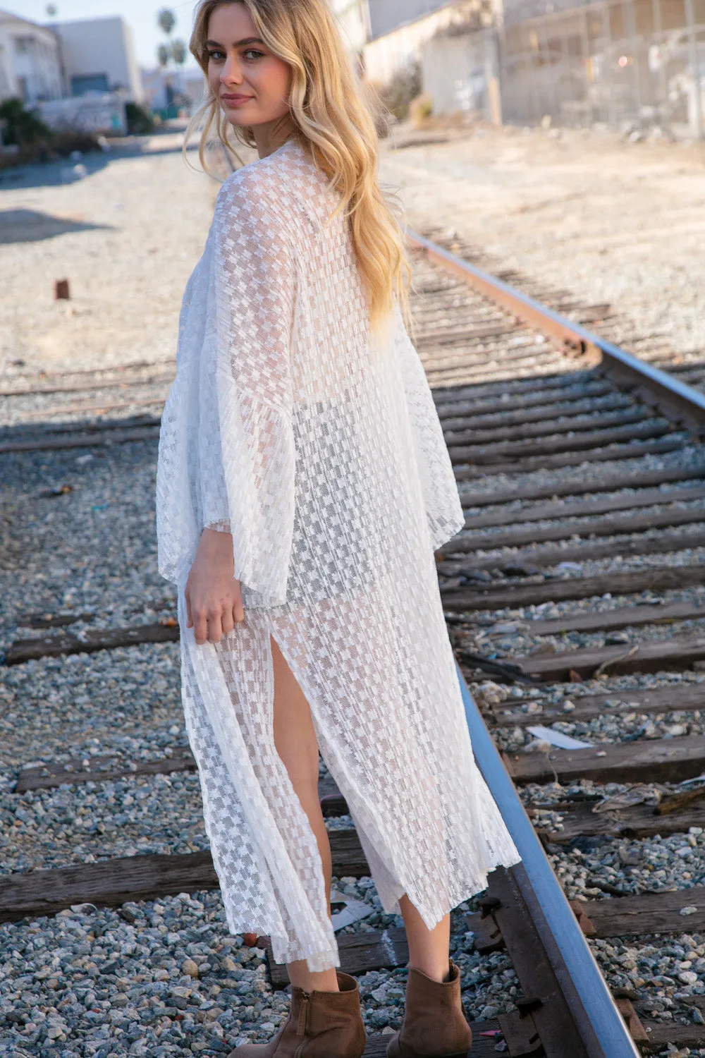 White Pleated Three-Quarter Ruffle Sleeve Lace Kimono